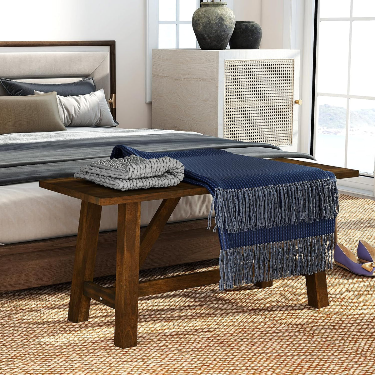 GOFLAME 38” Wood Dining Bench Set of 2, Farmhouse Entryway Bench with Rubber Wood Frame, Shoe Changing Bench Seat, End of Bed Bench for Hallway, Kitchen, Dining Room, Bedroom, 400 LBS Weight Capacity