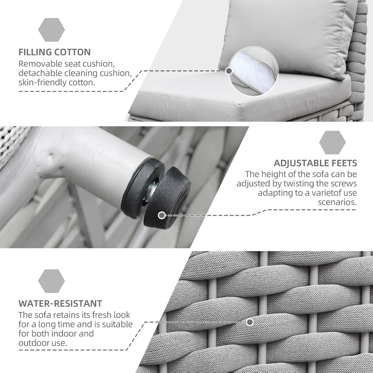 TWT Khaki Gray Left Arm Outdoor Patio Sofa, Modular Woven Rope Sectional Chair with Water-Resistant Cushion & Rust-Proof Frame, for Backyard Balcony Deck