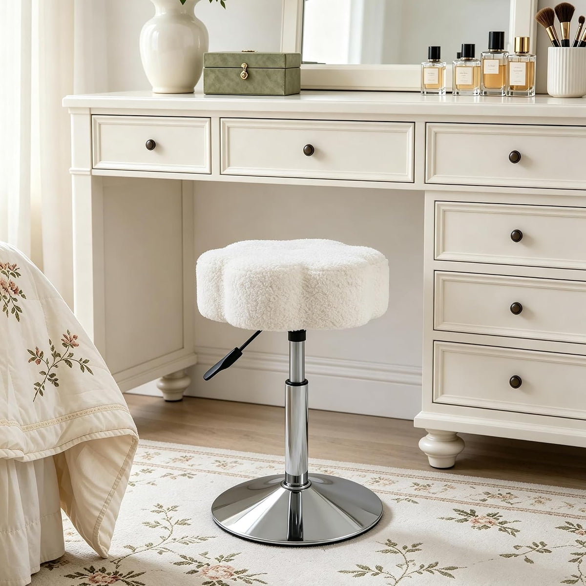 LITZFUR Adjustable Vanity Stool, Swivel Makeup Chair for Vanity, White | Flower Shaped Vanity Chair, Patterned Small Ottoman Footrest for Bathroom, Bathroom, Living Room