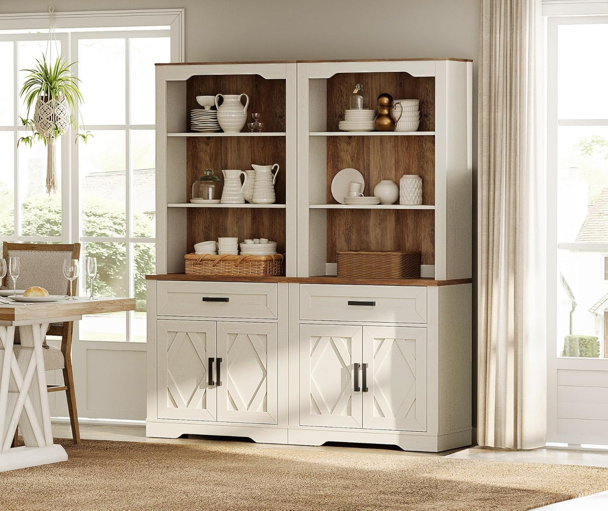 WAMPAT Kitchen Pantry with Barn Door,73.3" Tall Wood Open Storage Cupboard,Farmhouse Patry Cabinet with 2 Drawers and Adjustable Shelf for Dining Room,Living Room,Antique White