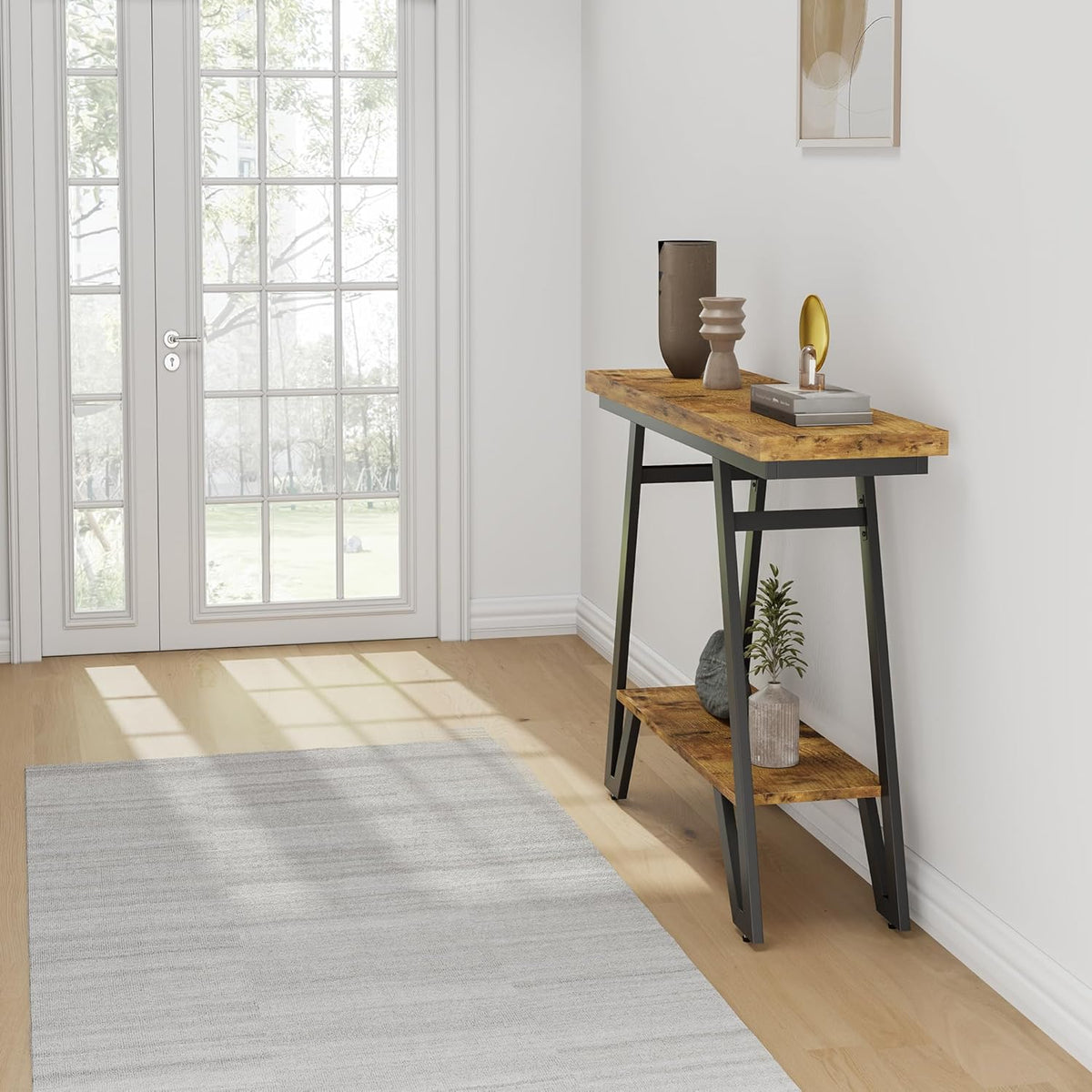 Console Table for Entryway, Space Saving Small Entryway Table with Open Shelves, Narrow Sofa Table Behind Couch for Living Room, Hallway, Easy Assembly, Wooden Top, Rustic Brown