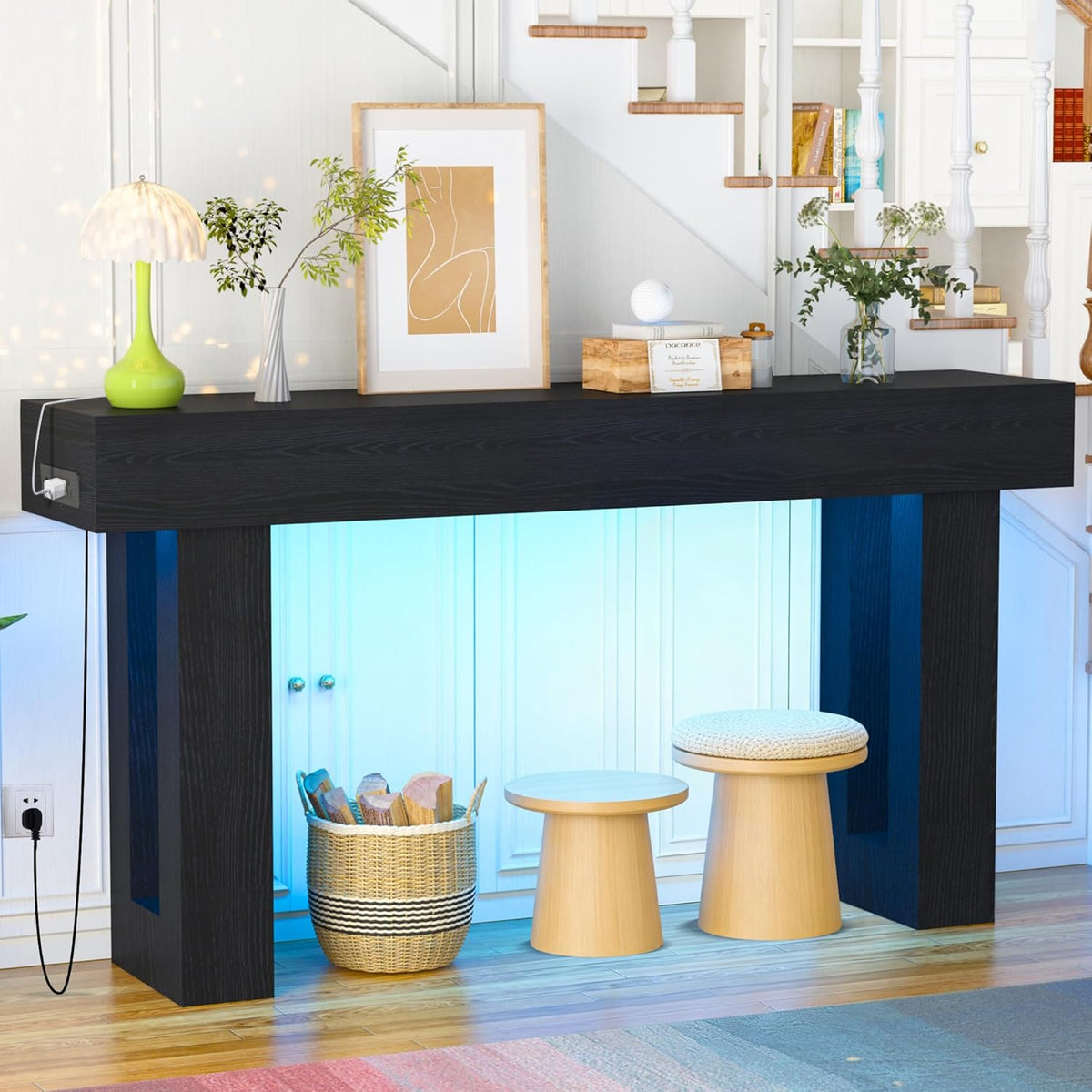 Depeht 63" Long Console Table with Power Outlet LED Lights, Wooden Farmhouse Sofa Behind Couch Table with Storage, Large Industrial Hallway Accent Furniture for Living Room, Entryway, Hallway (Black)