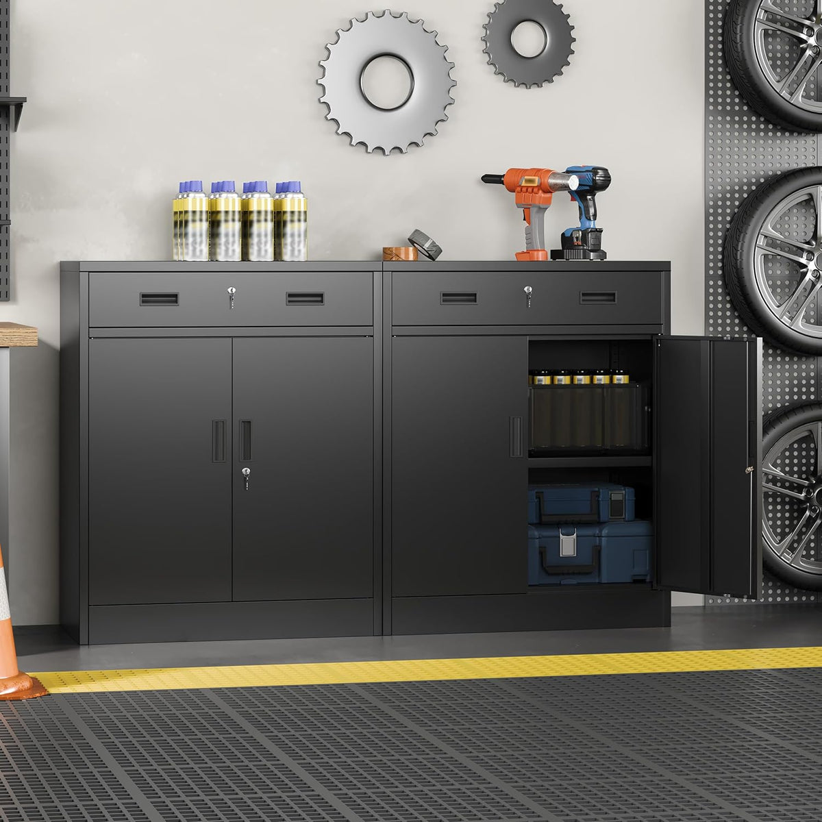 Metal Storage Cabinet, 36" Locking Steel Cabinet with 1 Drawers and 1 Adjustable Shelves for Garage, Home, Office, Kitchen (Black, 36" H x 28" W x 16" D)