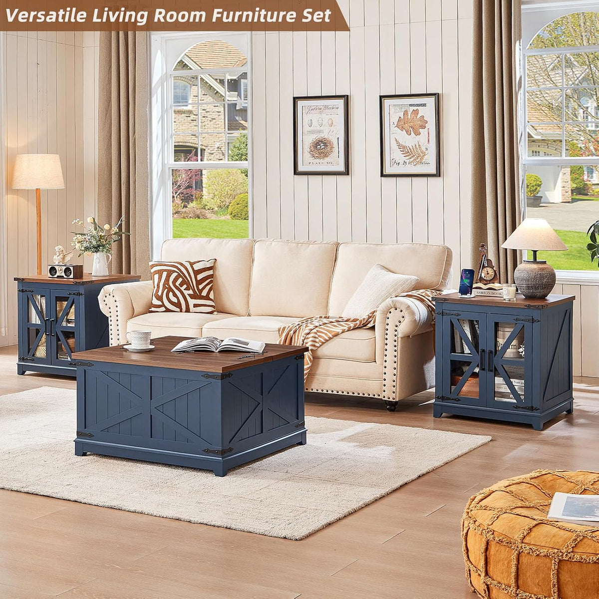 Joaxswe Farmhouse Coffee Table Set 3, End Table and Coffee Table | Blue 24'' Side Table with Charger and Coffee Table with Hidden Storage Organizer, Center Table Set for Living Room,Office