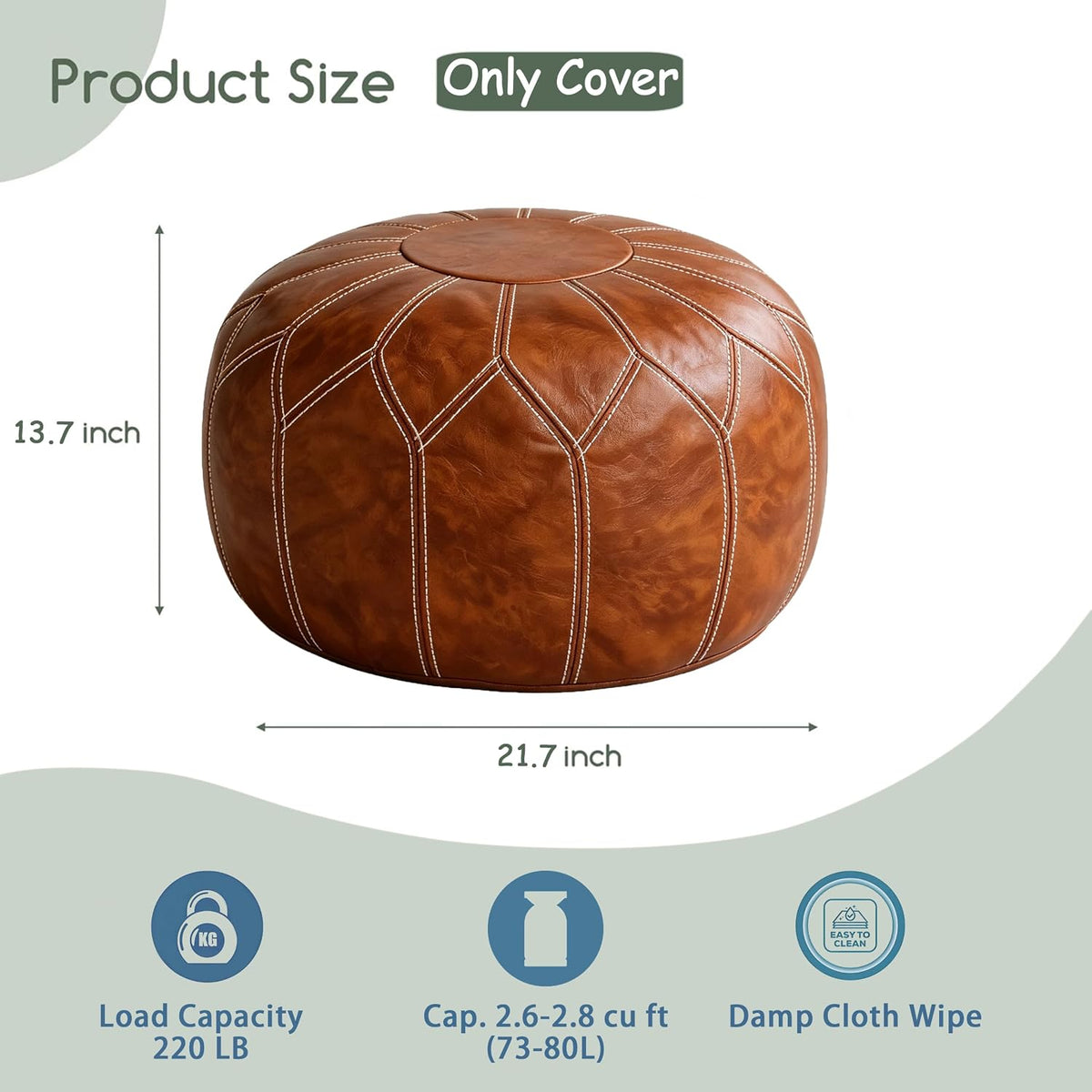 Thgonwid Round Unstuffed Pouf Cover, Faux Leather Storage Ottoman, Boho Moroccan Foot Stool, Multi-Purpose Home Decor for Living Room, Bedroom and Balcony, Brown, No Filling Included