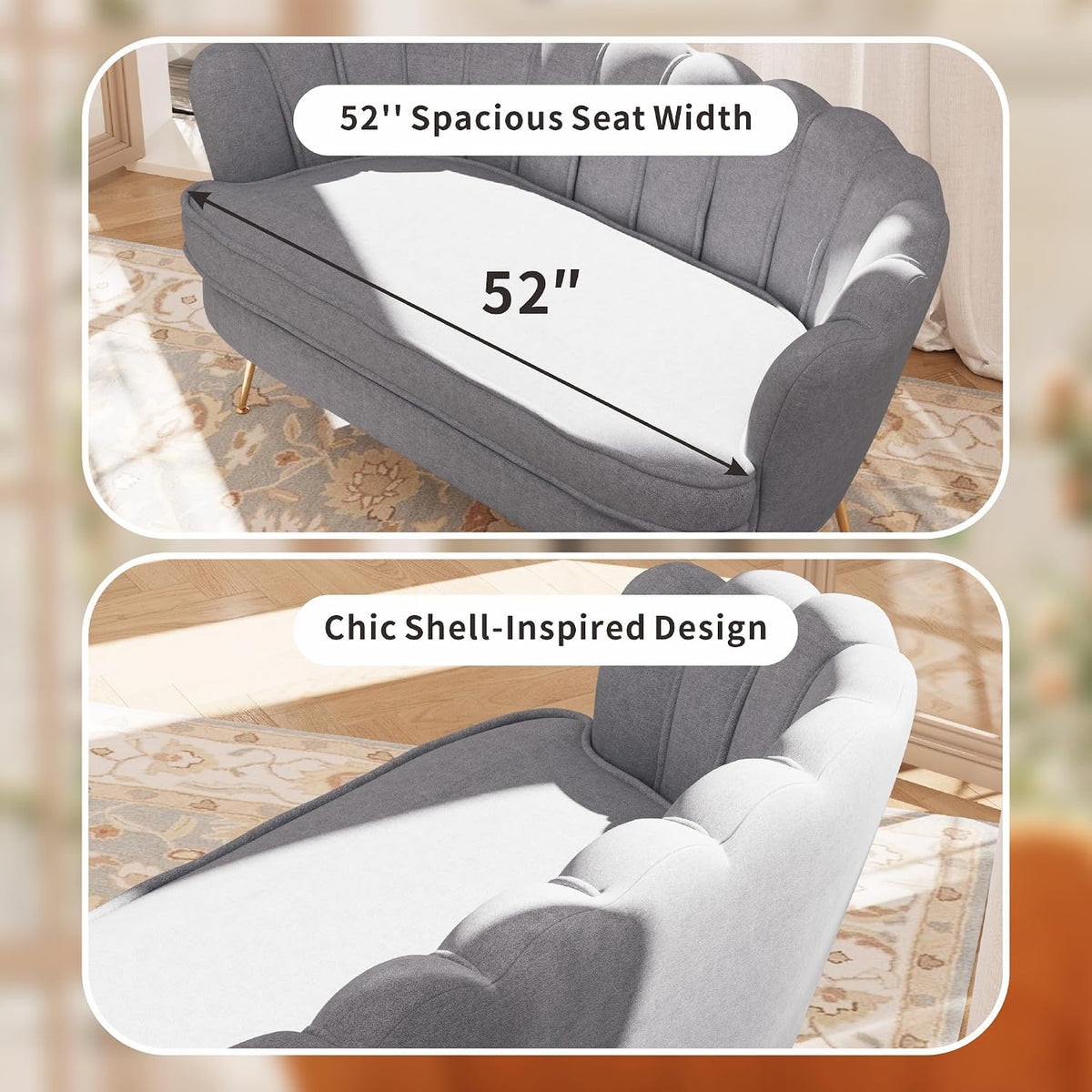 59'' Loveseat Sofa, Modern Chenille 2-Seater Sofa with Golden Legs, Comfy Upholstered Shell Accent Couch for Studio, Living Room, Store, Office (Light Grey).