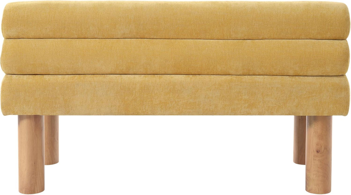 Christopher Knight Home Wally Fabric Upholstered Dining Bench, Long Dining Room Chair, Wooden Entryway Bench, Bedroom End of Bed Bench, Yellow+Natural