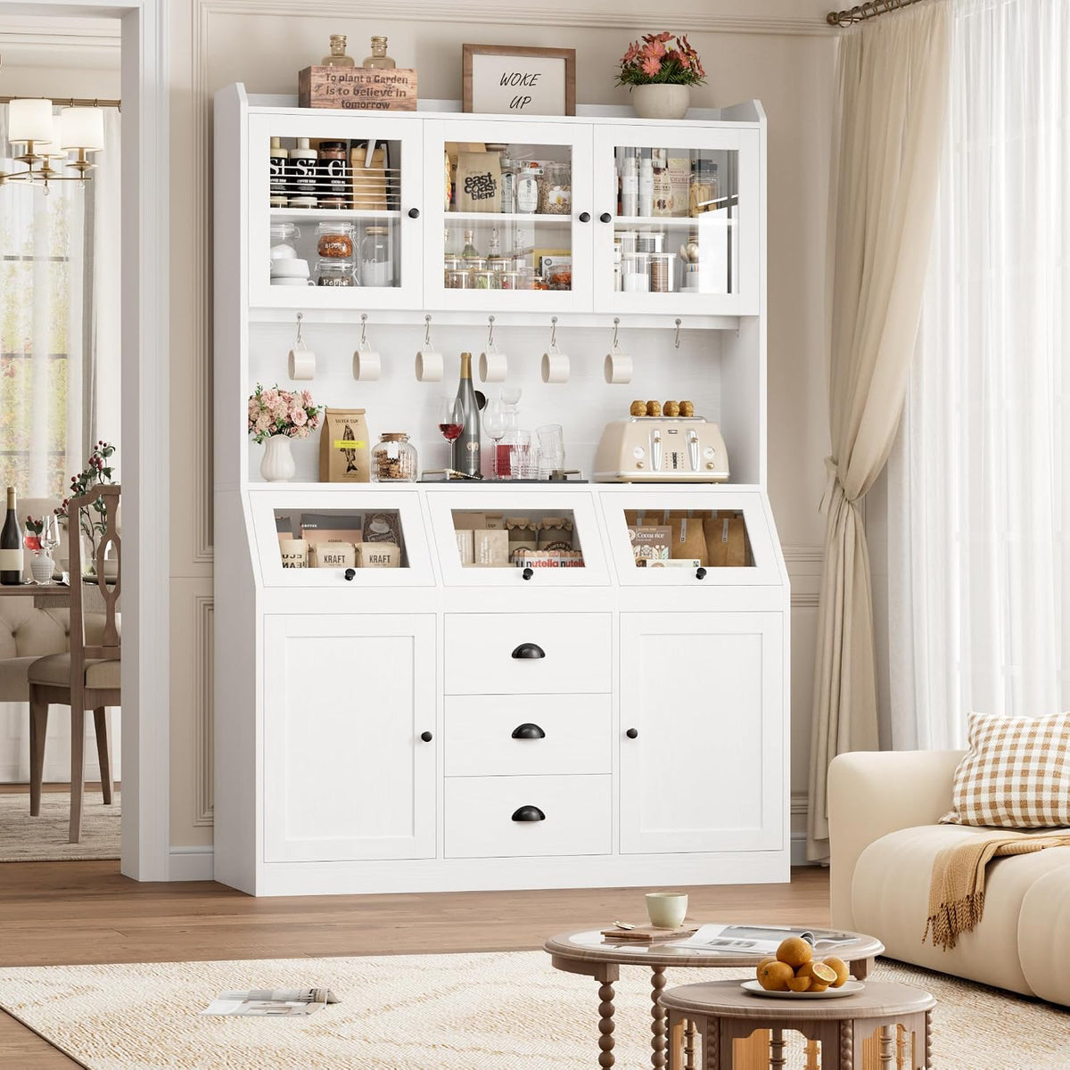 HIFIT 71.4” H Kitchen Hutch Pantry Cabinet with 3 Bread Boxes&7 Metal Hooks | Farmhouse Kitchen Hutch Cabinet with Storage and Glass Doors for Living Dining Room, Home Office, White