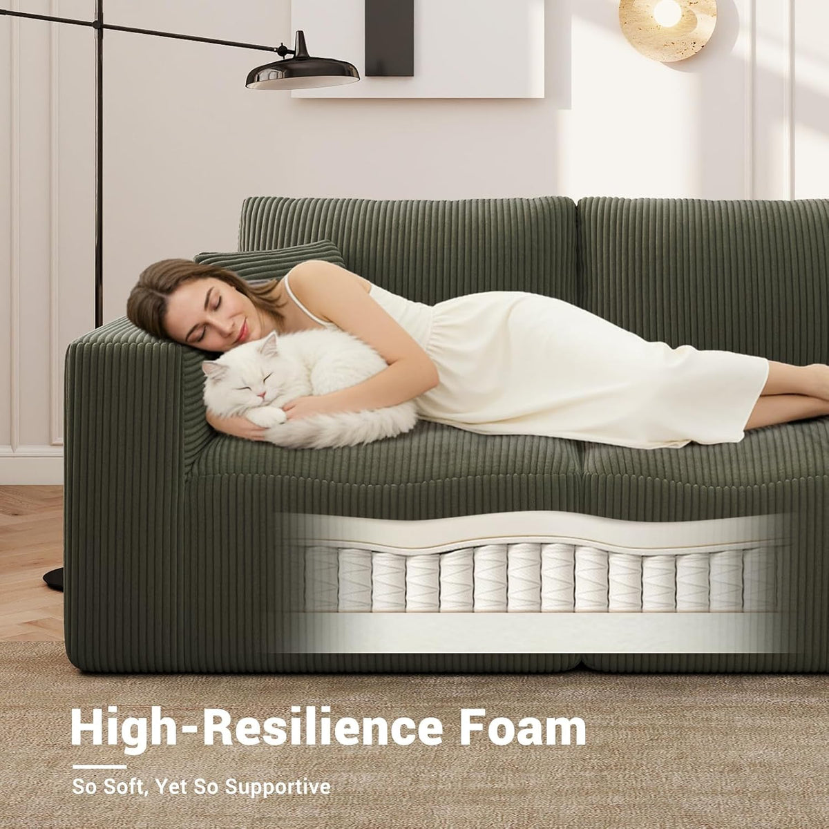 Modular Loveseat Couch Cloud Couches for Living Room - 79" Sofa - No Assembly Required, Cozy Corduroy Convertible Full Sponge Compression Sofas for House, Apartment(Green)