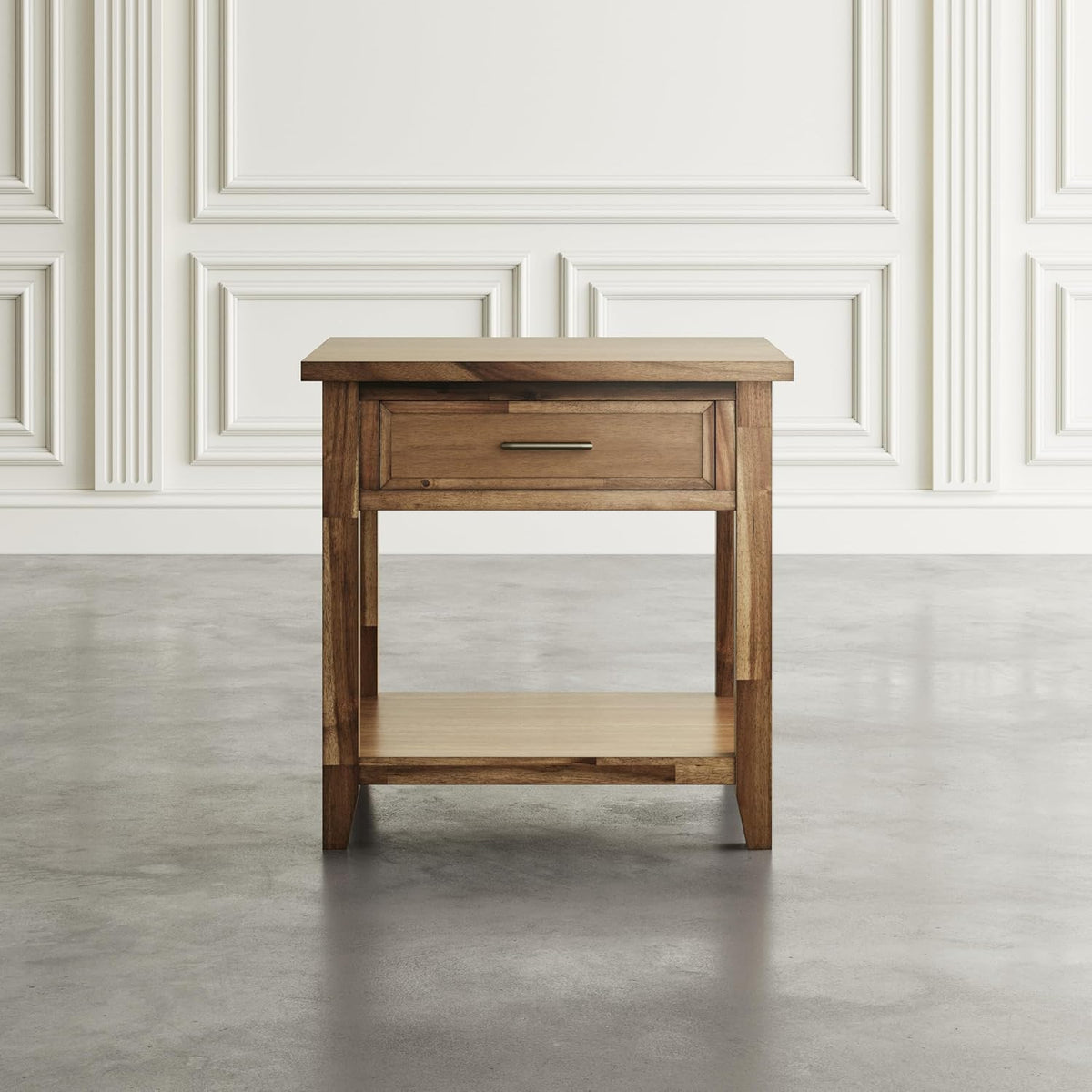 Jofran Acacia Wood Square End Table with Storage, Transitional Rustic Side Table for Living Room Bedroom, Accent Table, Wire Brush Brown