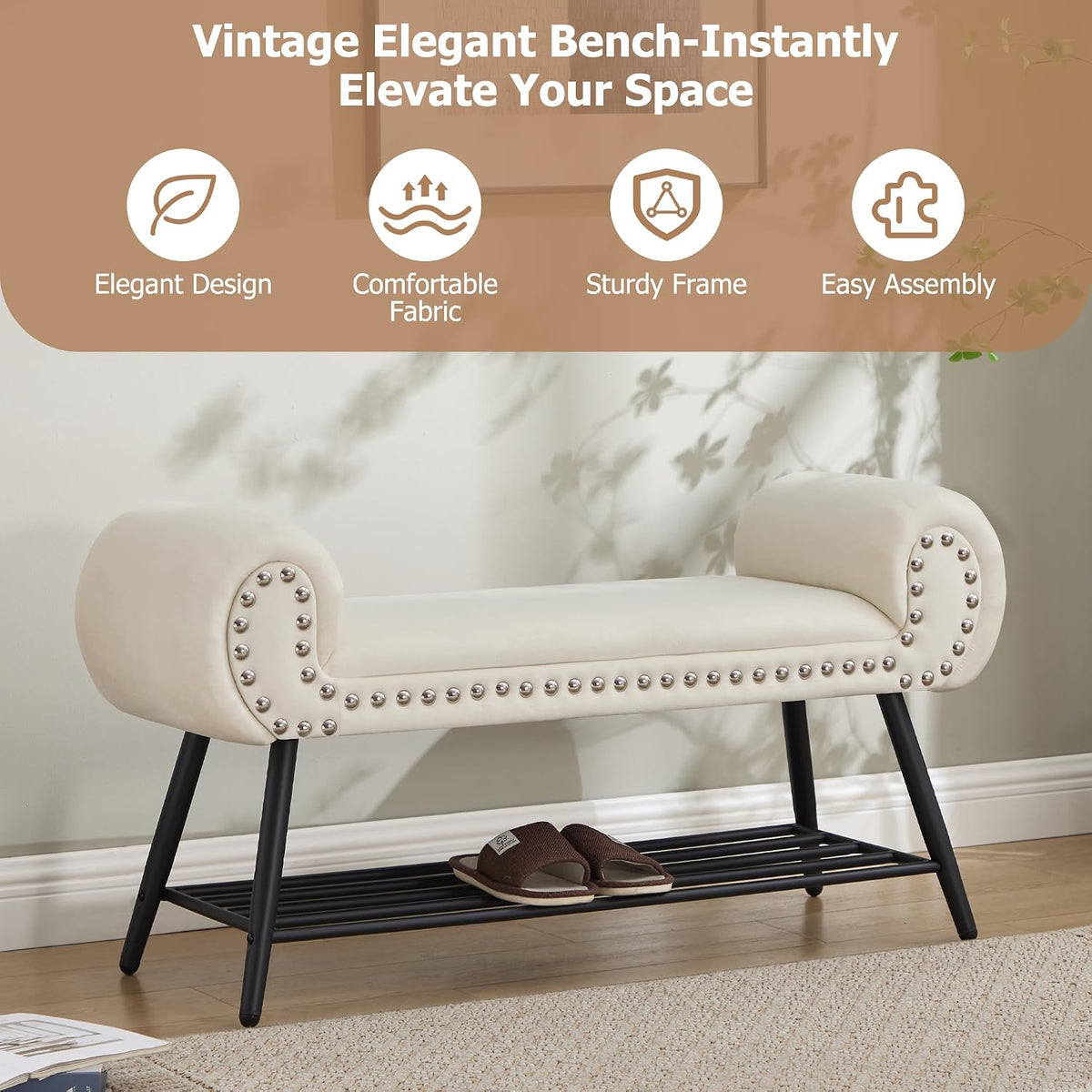 45" Upholstered Storage Shoe Bench, Velvet Fabric End of Bed Bench with Metal Shelf, Modern Bedroom Bench with Rolled Arms, Entryway Window Bench with Storage for Living Room, Hallway, Cream