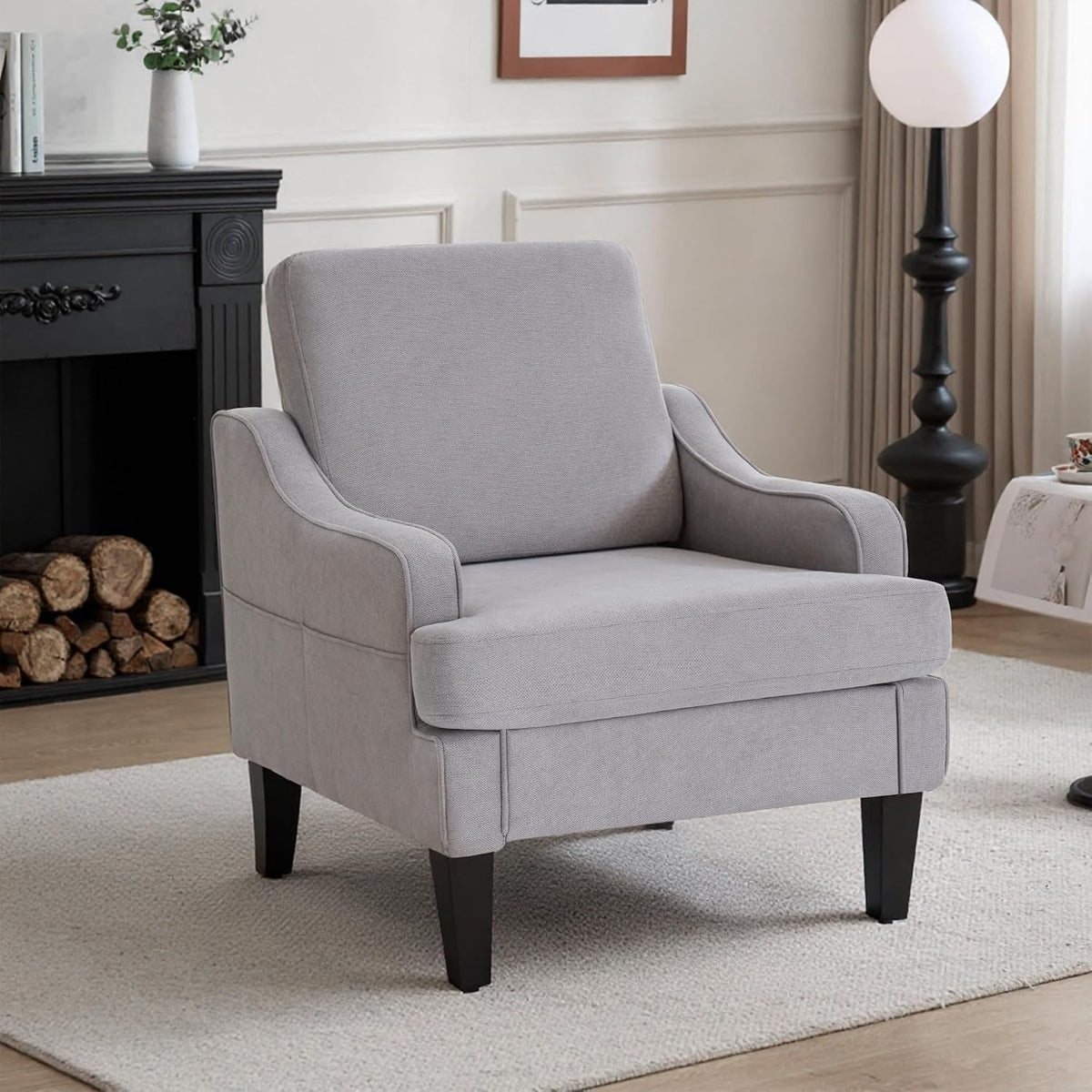 Mid-Century Accent Chair, Comfy Arm Chair Upholstered Living Room Chair for Bedroom, Fabric Reading Chair with Wood Legs for Apartment, Waiting Room, Vanity Room (Gray)