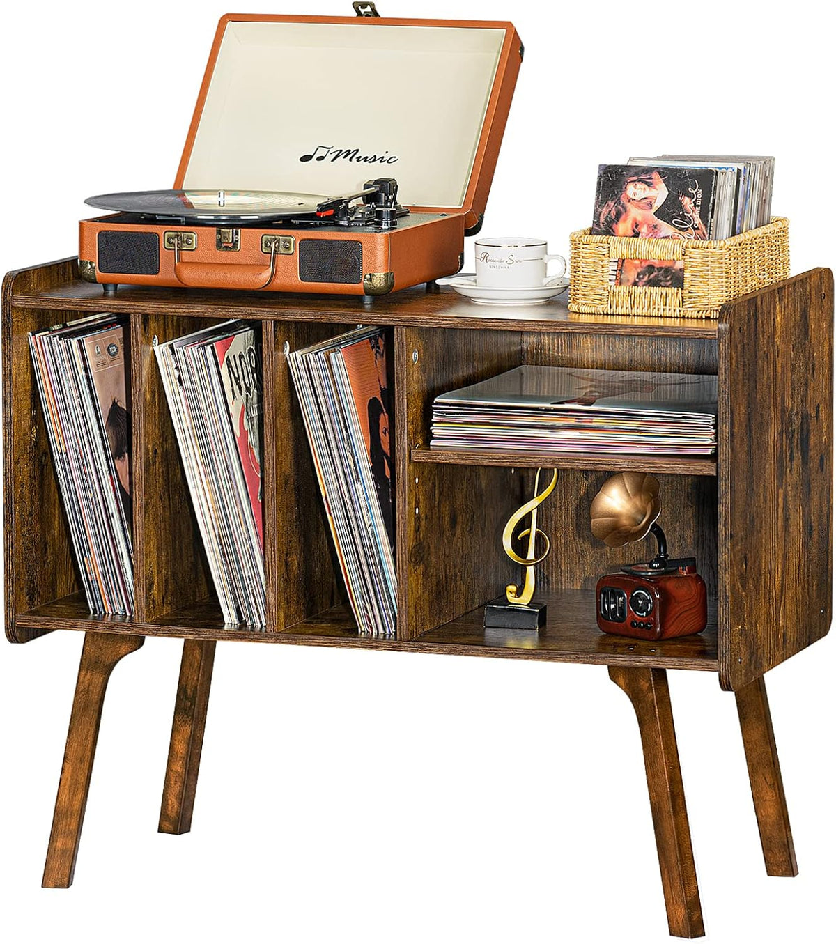 Lerliuo Record Player Stand with 4 Cabinet Holds Up to 220 Albums,Brown | Large Turntable Stand with Wood Legs, Mid-Century Record Player Table,Vinyl Holder Storage for Bedroom Living Room