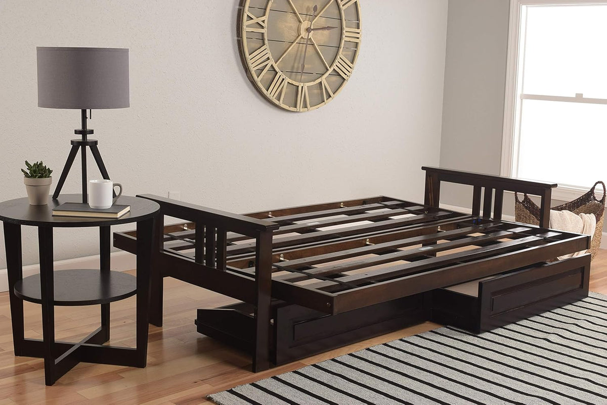 Kodiak Furniture Monterey Queen-size Futon, Storage Drawers, Espresso Finish with Oregon Trail Java Mattress