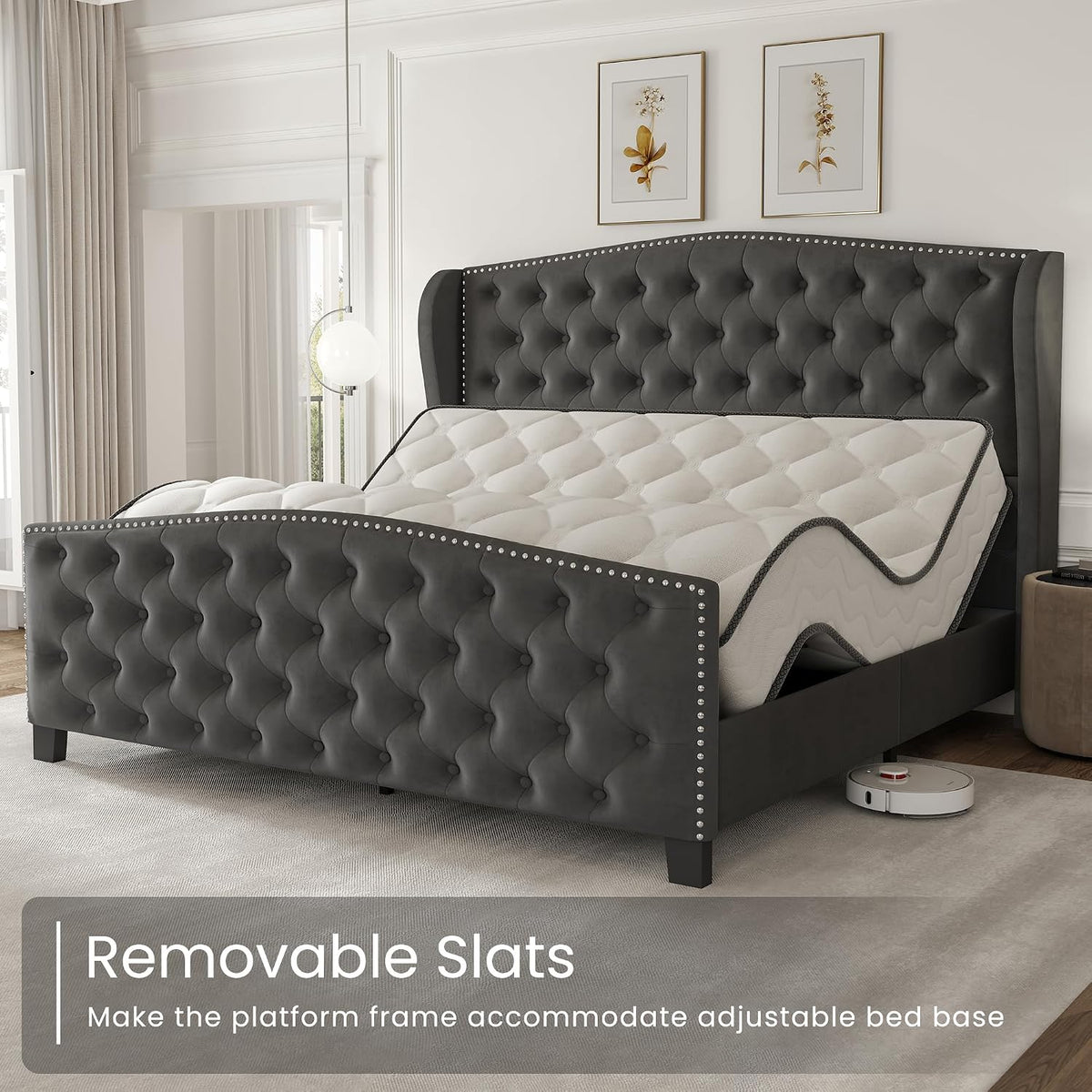 LARMACE Queen Size Bed Frame Velvet Upholstered Platform Bed with Wingback Headboard & Footbaord, Deep Button Tufted Bed Frame with Wood Slats Support, No Box Spring Needed, Grey