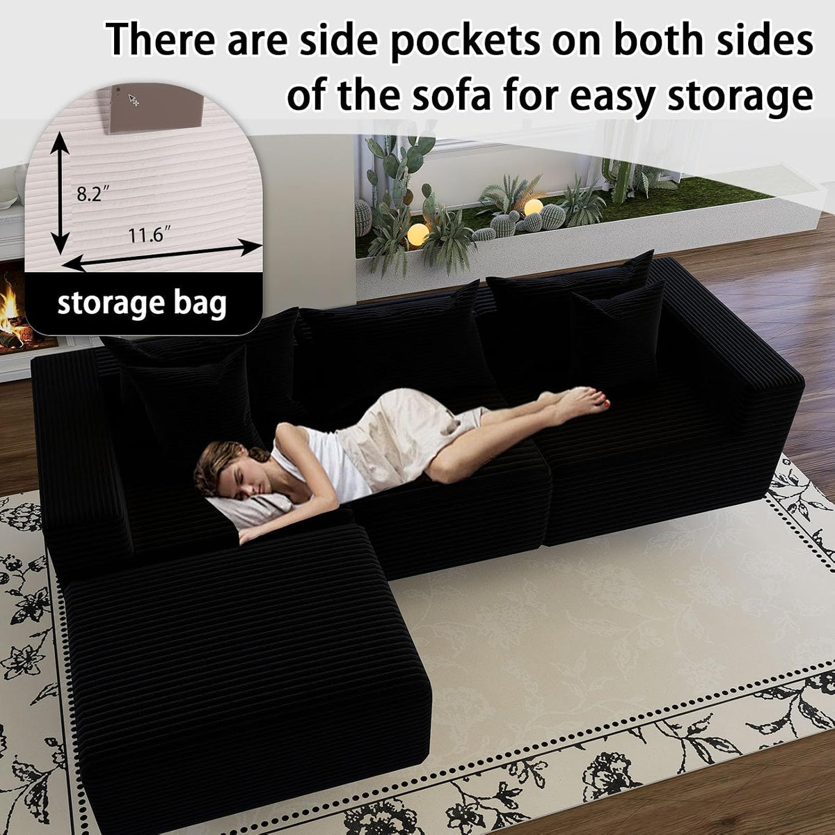 Oversized Cloud Couch Ottoman, Frameless Wide-Wale Corduroy Footrest for Living Room, High-Density All-Foam Large Rectangle Ottoman Coffee Table for Sectional Sofa (Black, Ottoman)