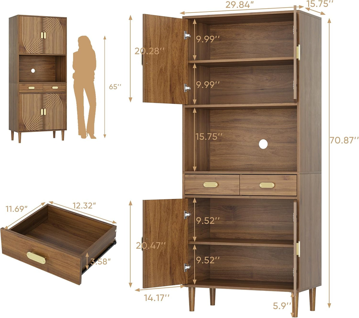 Smuxee 70.87" Walnut Kitchen Pantry Cabinet, Tall Food Pantry Cabinet with Line Groove Design, Kitchen Hutch with Microwave Stand for Dining Room, Living Room, Bar
