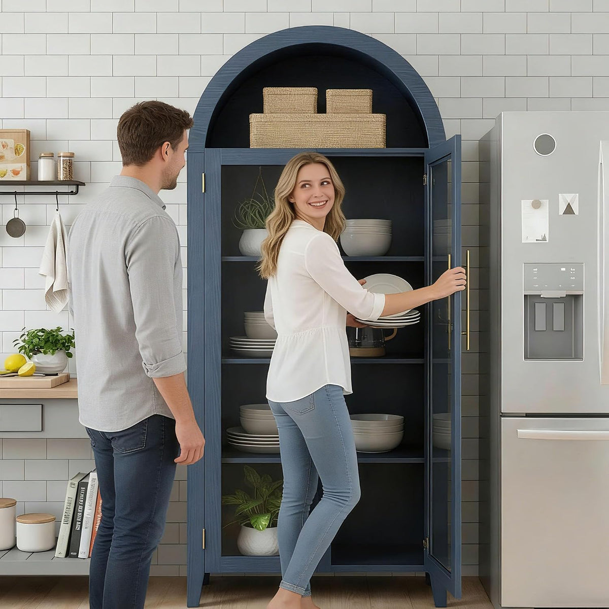 IDEALHOUSE Arched Kitchen Pantry Storage Cabinet - Farmhouse 5-Tier Display Shelf with 2 Large Glass Doors and Adjustable Shelf, Versatile Cupboard for Kitchen, Dining Room, Living Room, Night Blue