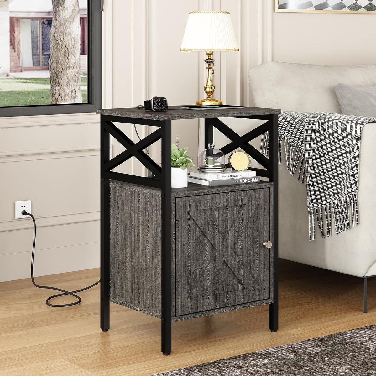 End Table Set of 2 with Charging Station, Side Table with Power Outlet & USB Ports, Nightstand with 2 Tiers Storage Space and Storage Cabinet, Sofa Side Tables for Bedroom, Living Room,Office, Grey