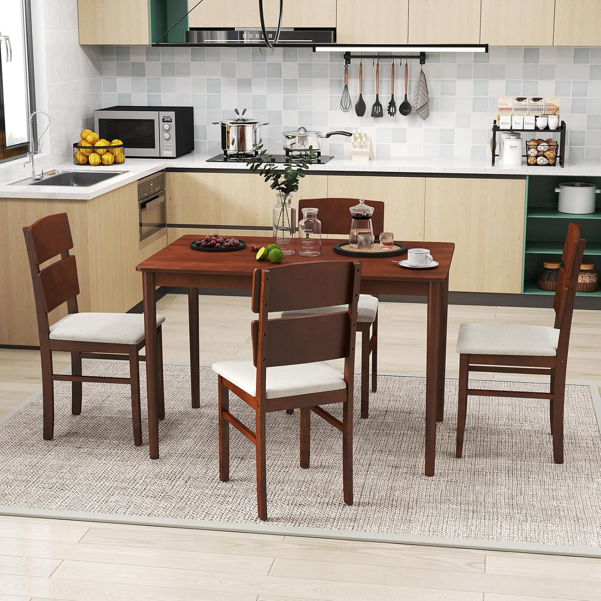 GOFLAME 5-Piece Dining Table Set for 4, Farmhouse Wooden Kitchen Table & 4 Upholstered Chairs with Padded Seat and Rubber Wood Legs, Space Saving Dinette Set for Dining Room, Restaurant, Small Space