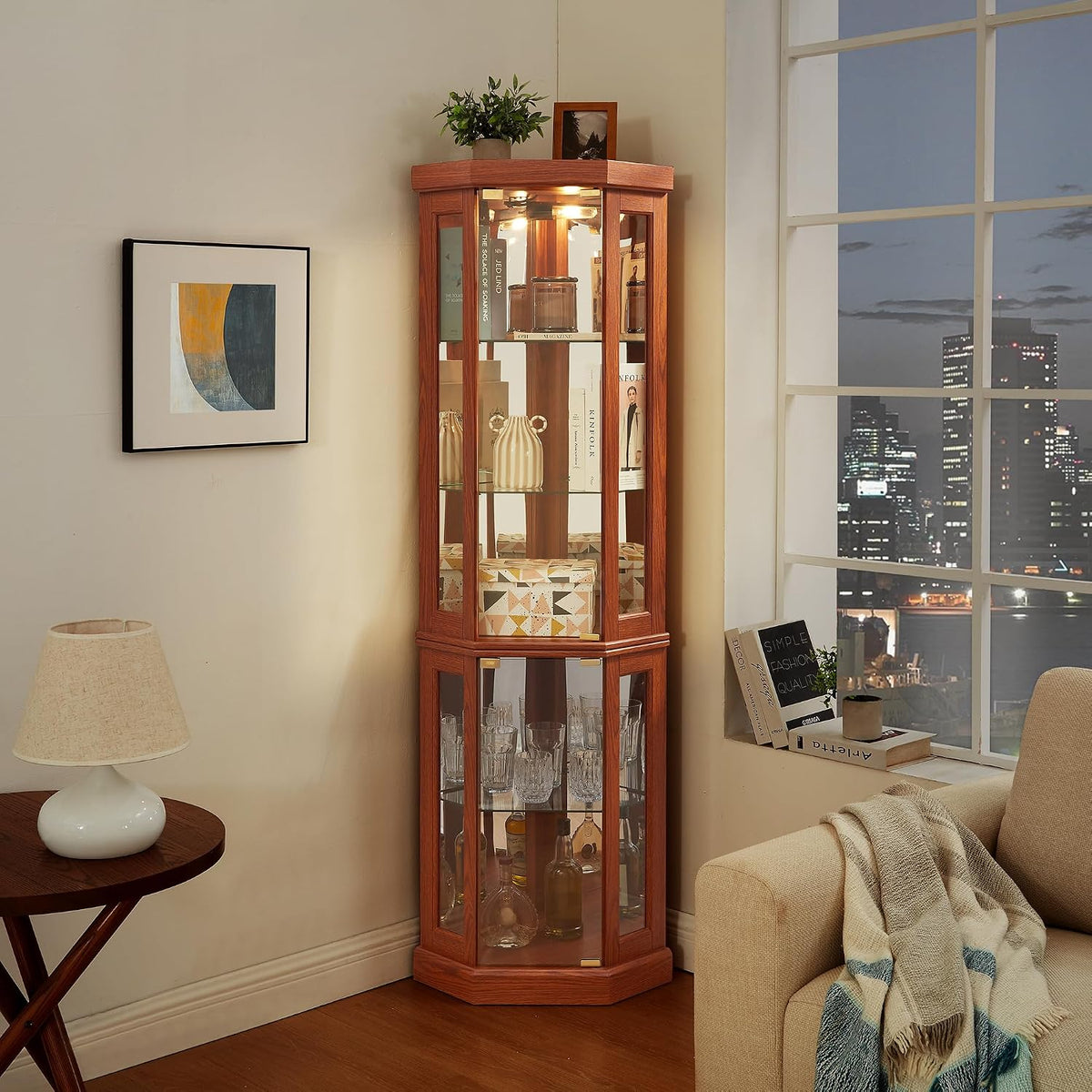 Tall Corner Cabinet with Glass Doors, Lighted Glass Display Curio Cabinet with Adjustable Shelves, Home Office Floor Standing Display Cabinets for Bar, Liquor Storage and Medal, Dark Oak