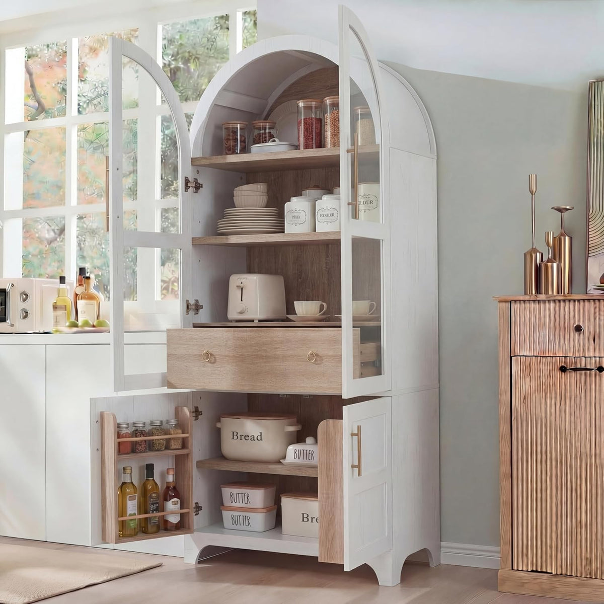 Merax 71" Farmhouse Arched Pantry Cabinet with Glass Doors & Hidden Drawer, Adjustable Shelves Storage Cupboard for Kitchen/Dining Room, White