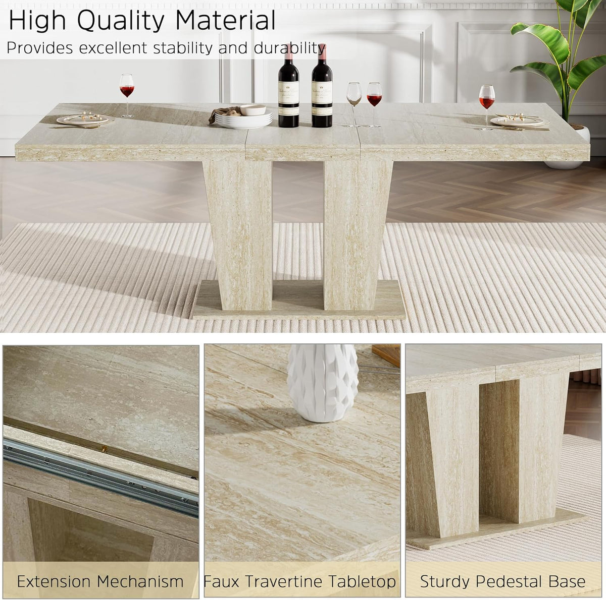 Modern Extendable Dining Table Set for 6, 78.74" Faux Travertine Expandable Table with 6 Beige Velvet Upholstered Chairs, Extendable Dining Room Table Set for 6 for Dinner Party Family Gathering