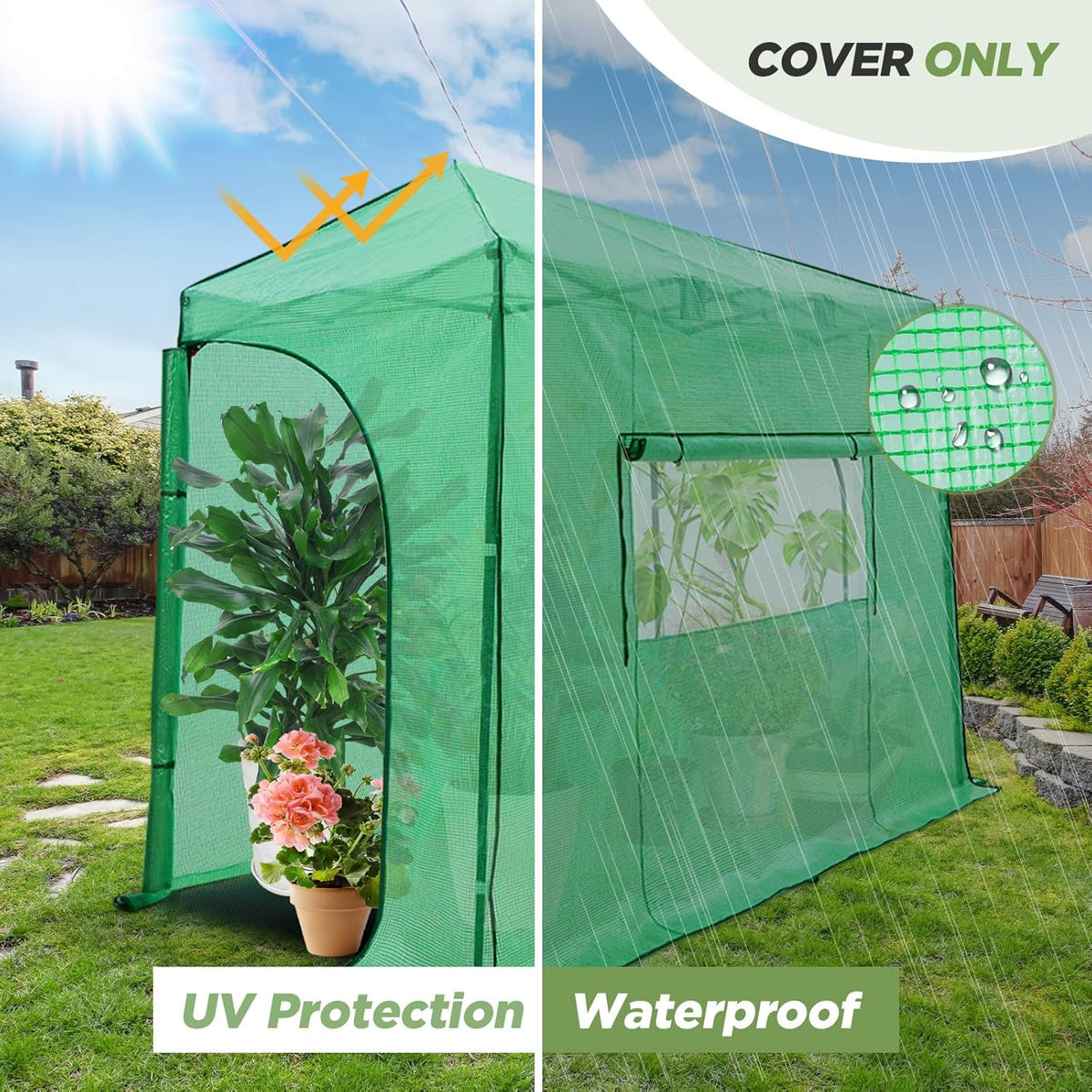 EAGLE PEAK Replacement Cover for 10x5 Portable Lean-to Greenhouse, 2 Roll-Up Zipper Entry Doors and 1 Large Roll-Up Side Window (Frame Not Included), Green