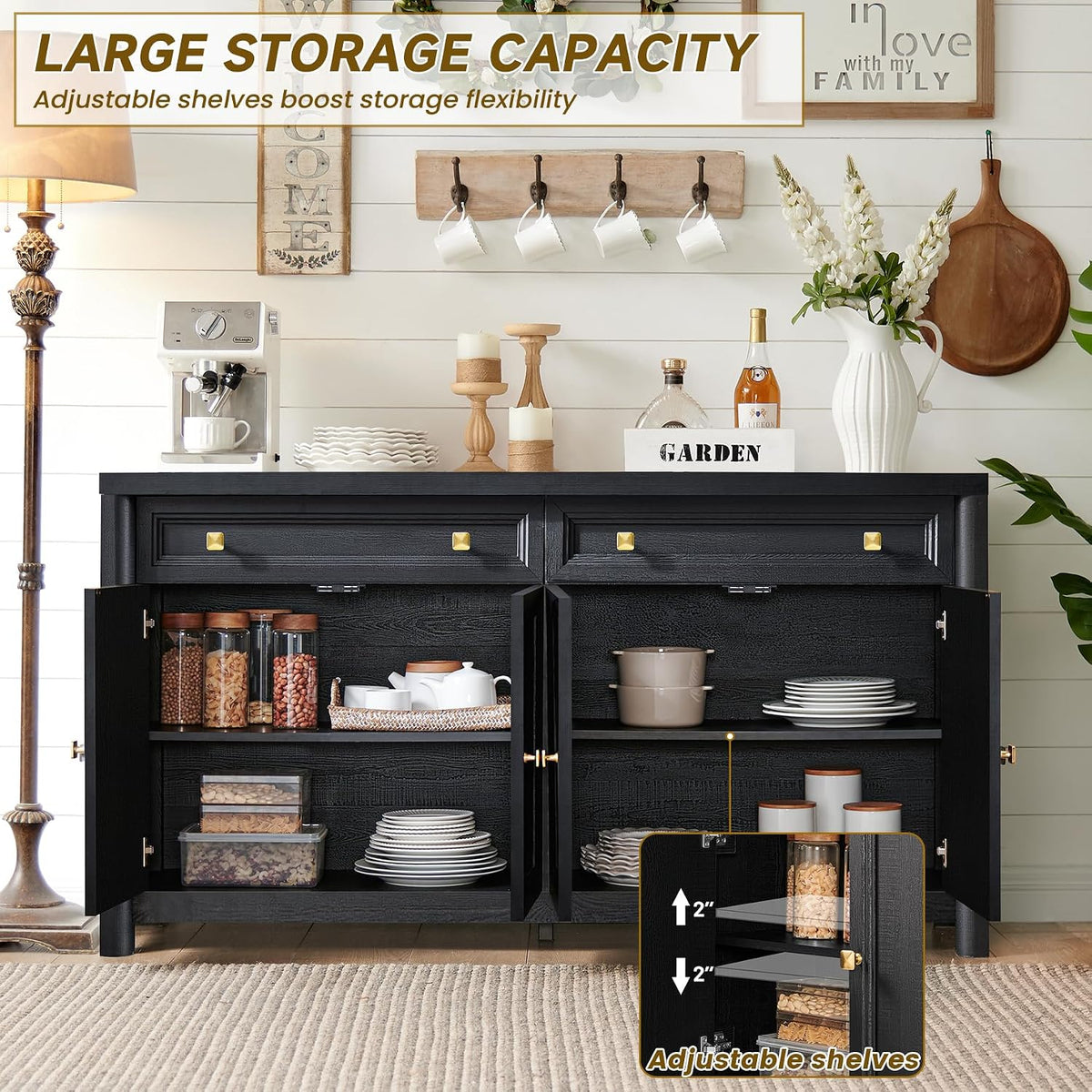 Standifurno Credenza Storage Cabinet with 4 Doors and 2 Drawers, 59" Large Sideboard Buffet Cabinet, 32.1'' Tall Wood Buffet Table Coffee Bar Console Cabinets for Living Dining Room, Black