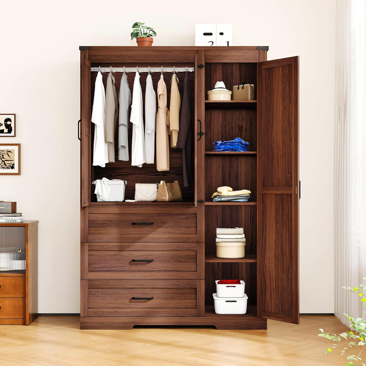70" Tall Wardrobe Closet with 3 Doors & 3 Drawers, Farmhouse Armoire with Hanging Rod, Wooden Armoire Wardrobe Closet for Bedroom, Freestanding Clothing Storage Cabinet, Brown