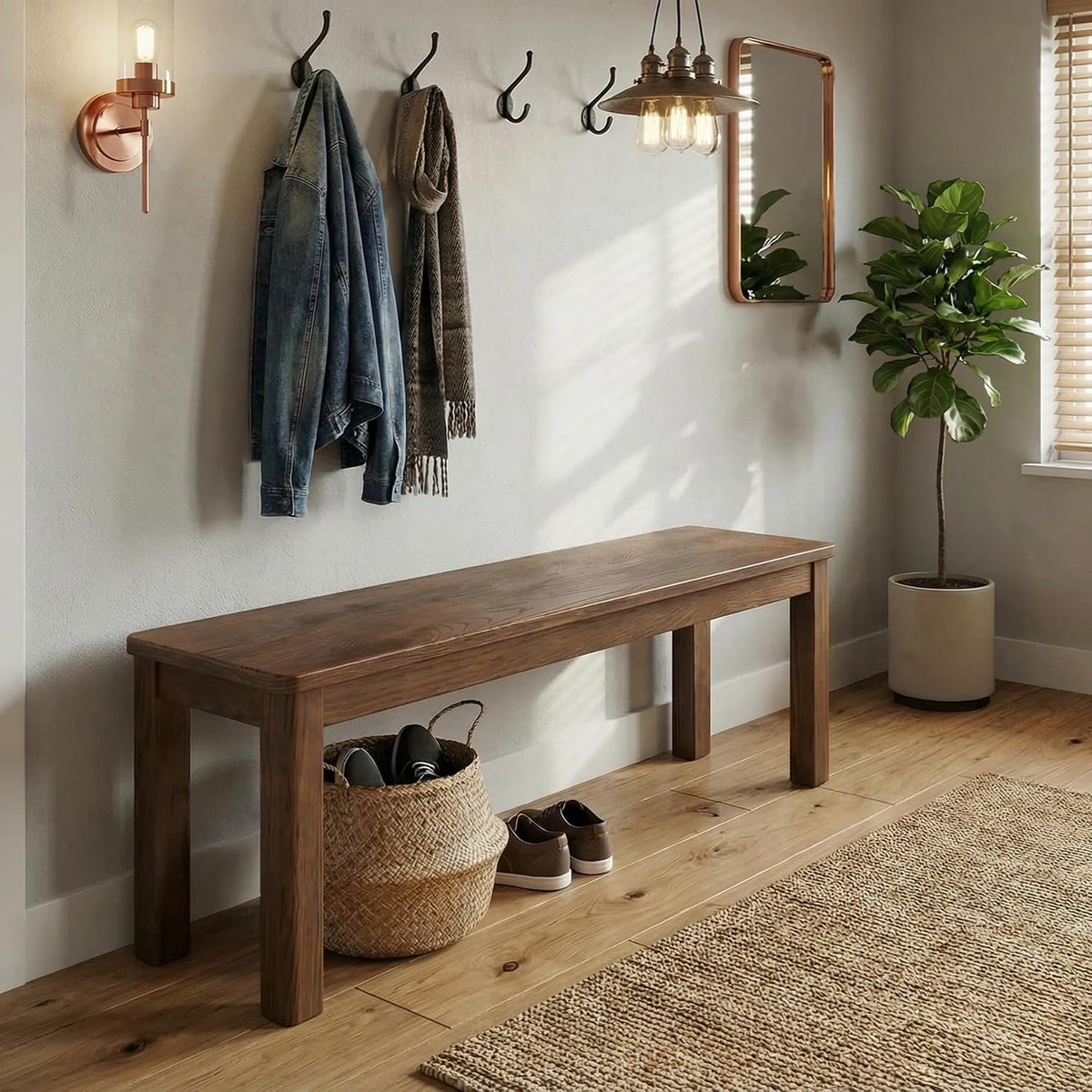 100% Solid Oak Wood Dining Bench, 39.6'' Entryway Bench Extra Chair Seat Long Ottoman with Squre End & Round Corner for Kitchen Living Room Bedroom, Walnut