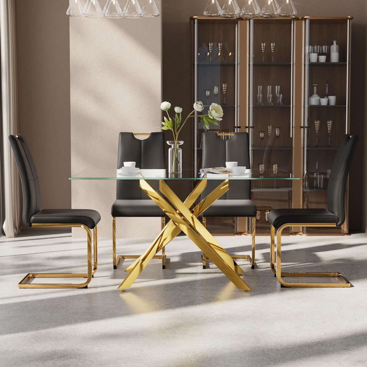 5-Piece Dining Table Set for 4, Modern Rectangular Glass Table with 4 Upholstered Leather Chairs, Space-Saving Dining Room Furniture Table & Chair Sets for Small Spaces & Apartment(Black&Gold)