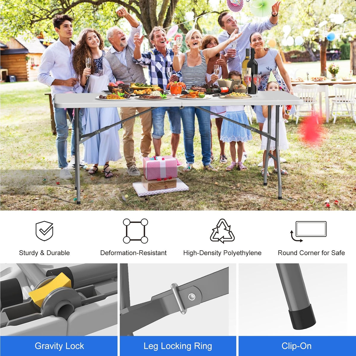 4 Pack Foldable Table 6ft, Plastic Folding Table, Portable Heavy Duty Dining Table with Lock Function & Carrying Handle, Outdoor Indoor Foldable White Table for Camping Party Picnic