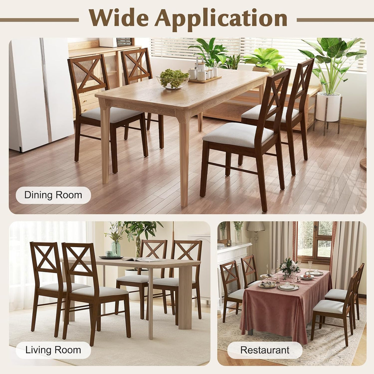 POWERSTONE Dining Chairs Set of 2, Wooden Kitchen Chairs with Soft Fabric Seat for Dining, Living Room, Restaurant - Mid Century Farmhouse Dining Chairs(Brown & White)
