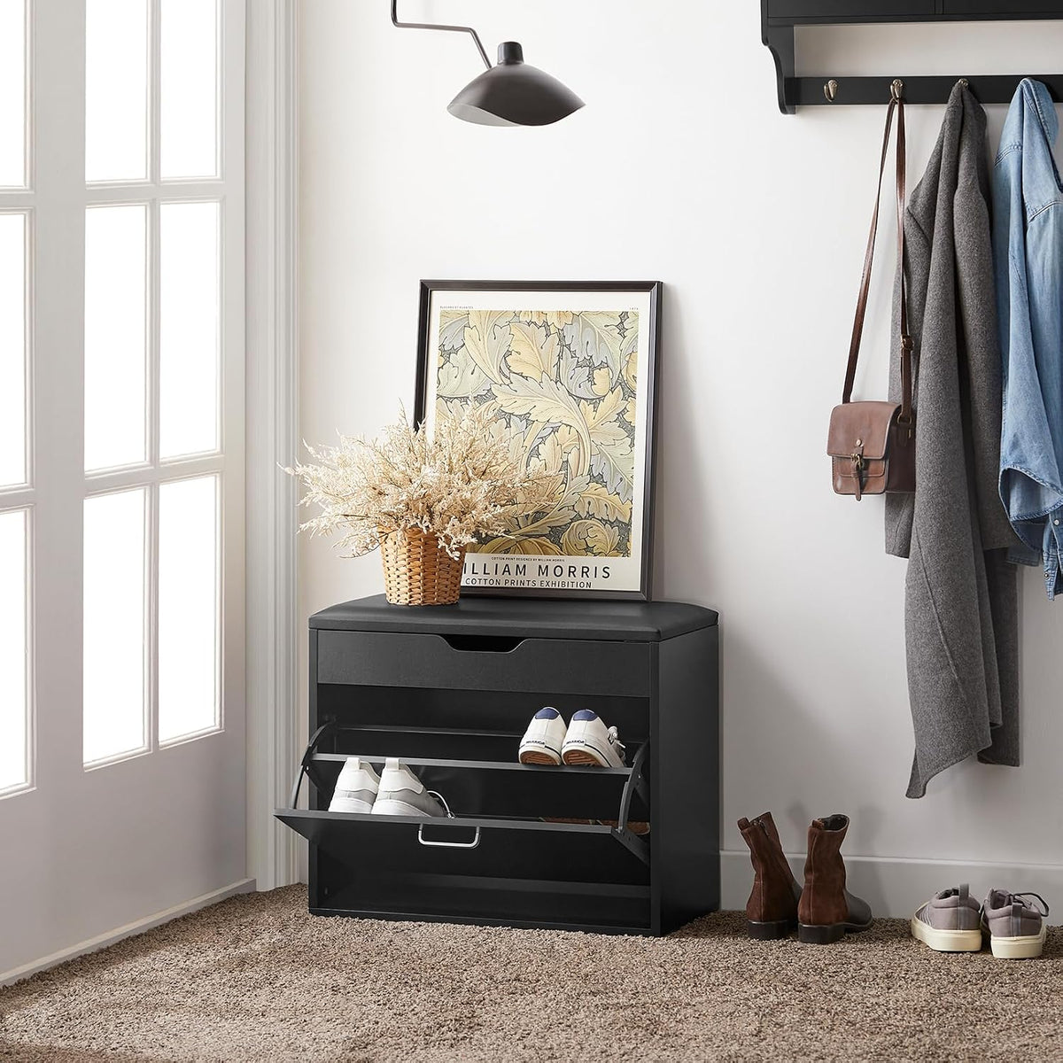 SoBuy Small Shoe Bench, Narrow Shoe Cabinet with Folding Padded Seat, Small Space Shoe Rack, Black 23.6" x 11.8" x 19.3"