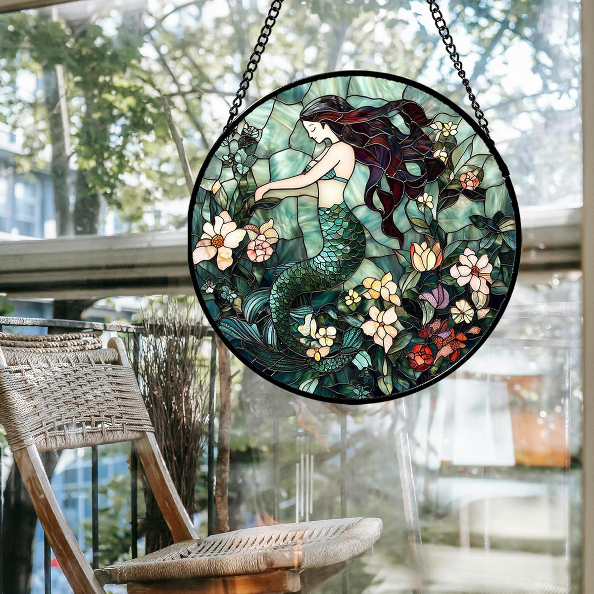 Stained Glass Window Hanging - Teal Sleeping Mermaid Suncatcher for Door Terrace Garden Home Decor, Sea of Flowers Sun Catcher Birthday Gifts for Lovers Women Men Dad Mom Nana 15 in