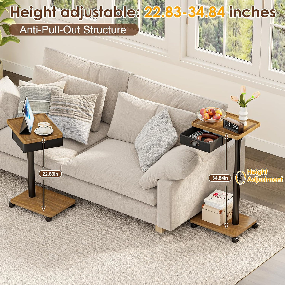 Cutogxon TV Tray Table with Wheels & Drawer,Adjustable Height C Shaped End Table for Eating,End Table with Swivel Top for Small Spaces, Sofa Side Table for Bedroom & Living Room（Walnut Brown）