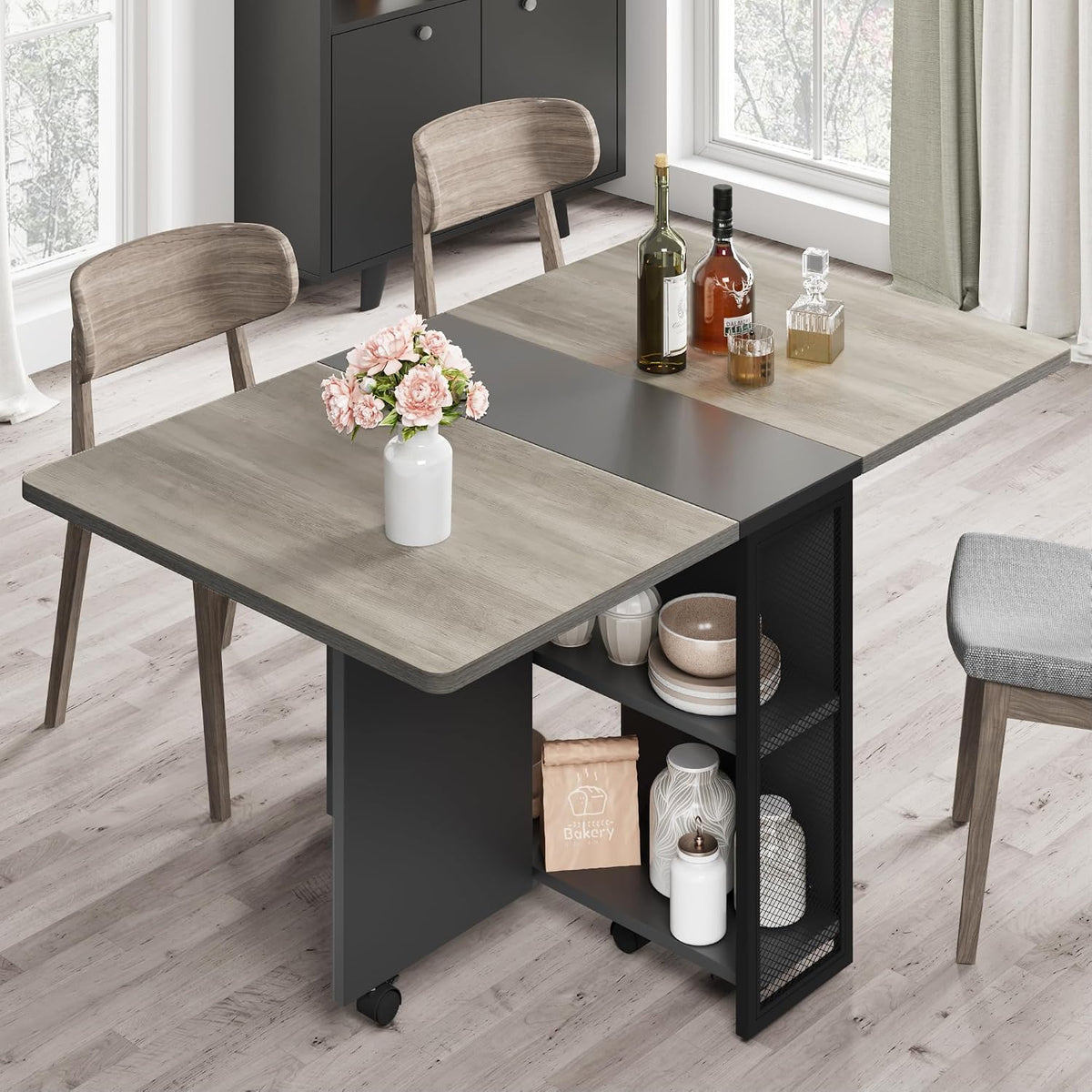 IDEALHOUSE FoldingTable, Drop Leaf Dining Table with 6 Wheels and 2-Layer Storage Shelf, Space Saving Table for Small Spaces (Slate Oak, 50.1" D x 31.4" W x 29.5" H)