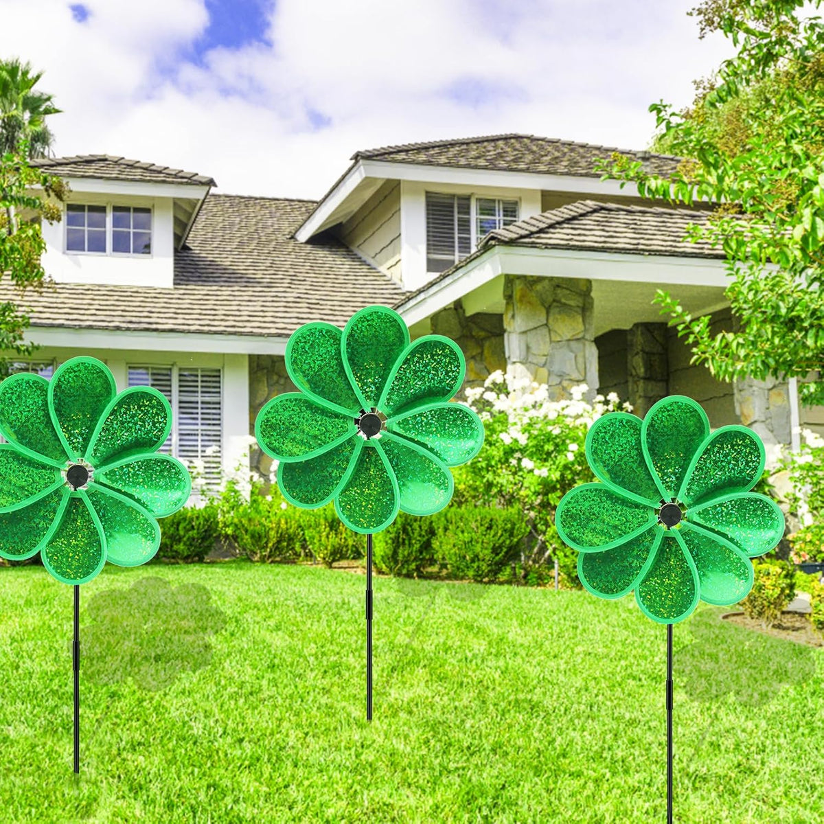 4PCS Flower Wind Spinner Sparkly Lawn Pinwheel 11.8 inch Green Garden Windmill for Christmas Garden, Party, Outdoor,Yard Decor