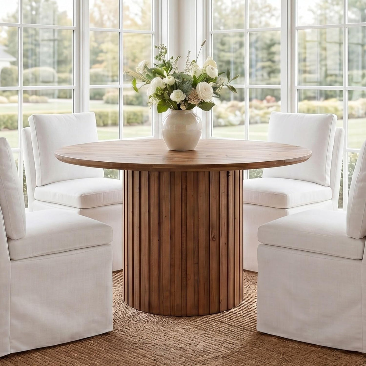 Reclaimed Round Pedestal Dining Table for 4-6 People, 47 Inch Wood Farmhouse Kitchen Table with Fluted Base, Rustic Circular Dining Table for Dining Room, Kitchen & Restaurant, Walnut