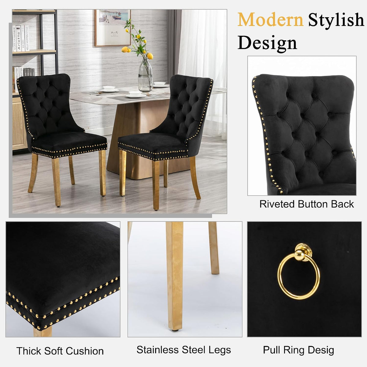 Round Glass Dining Table Set for 4, Small Kitchen Table Set for 4, 47" Circle Gold Glass Table and Chairs Set of 4,5 Piece Round Dining Room Table Set w/Black Velvet Chairs for Breakfast Dinette Cafe
