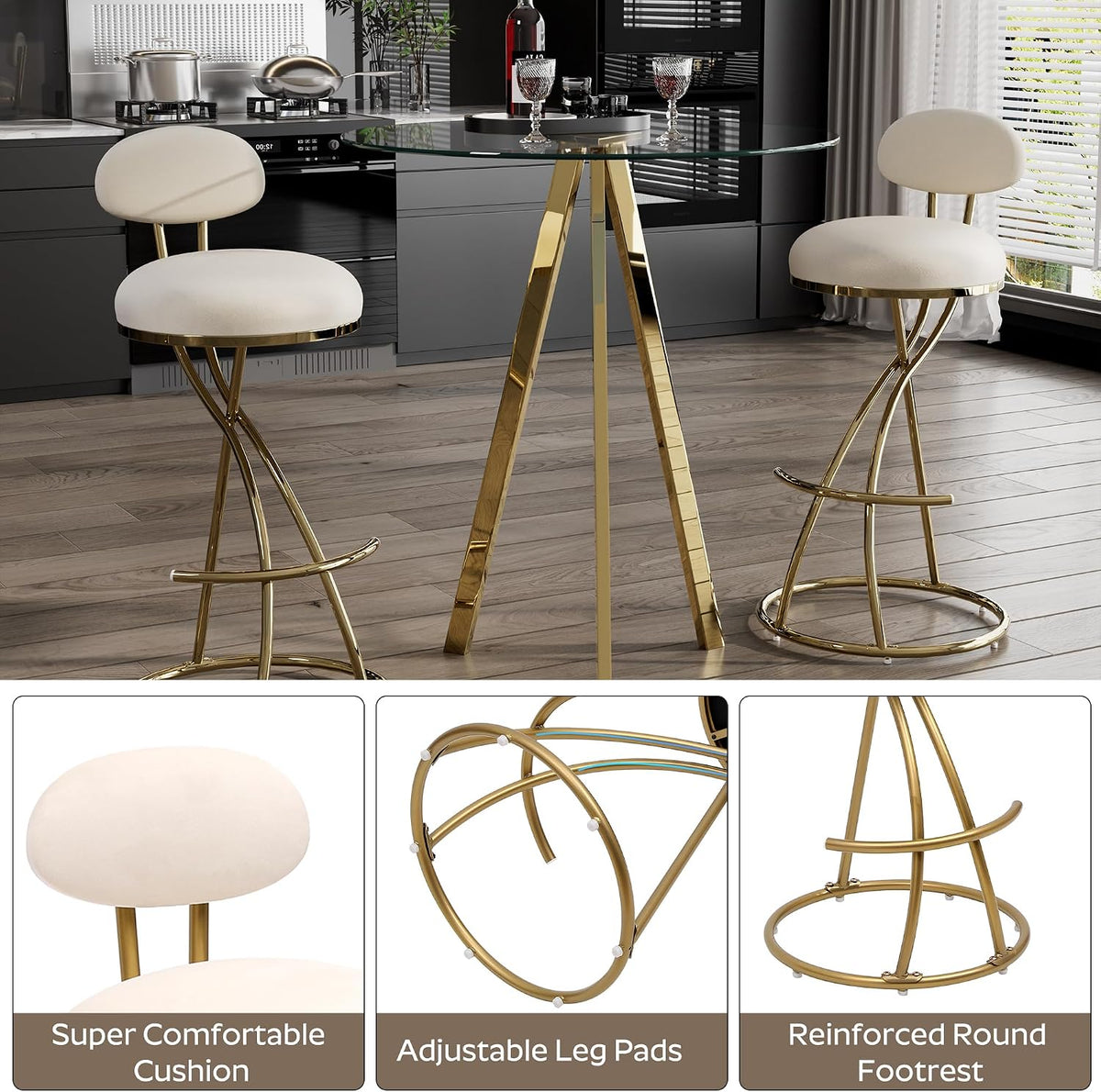 3 Piece Pub Dining Set, Modern Round Bar Table and Chairs for 2, 28" Counter Height Barstools and Glass Kitchen Table Set, 31" Small Dining Table with 2 Velvet Stools