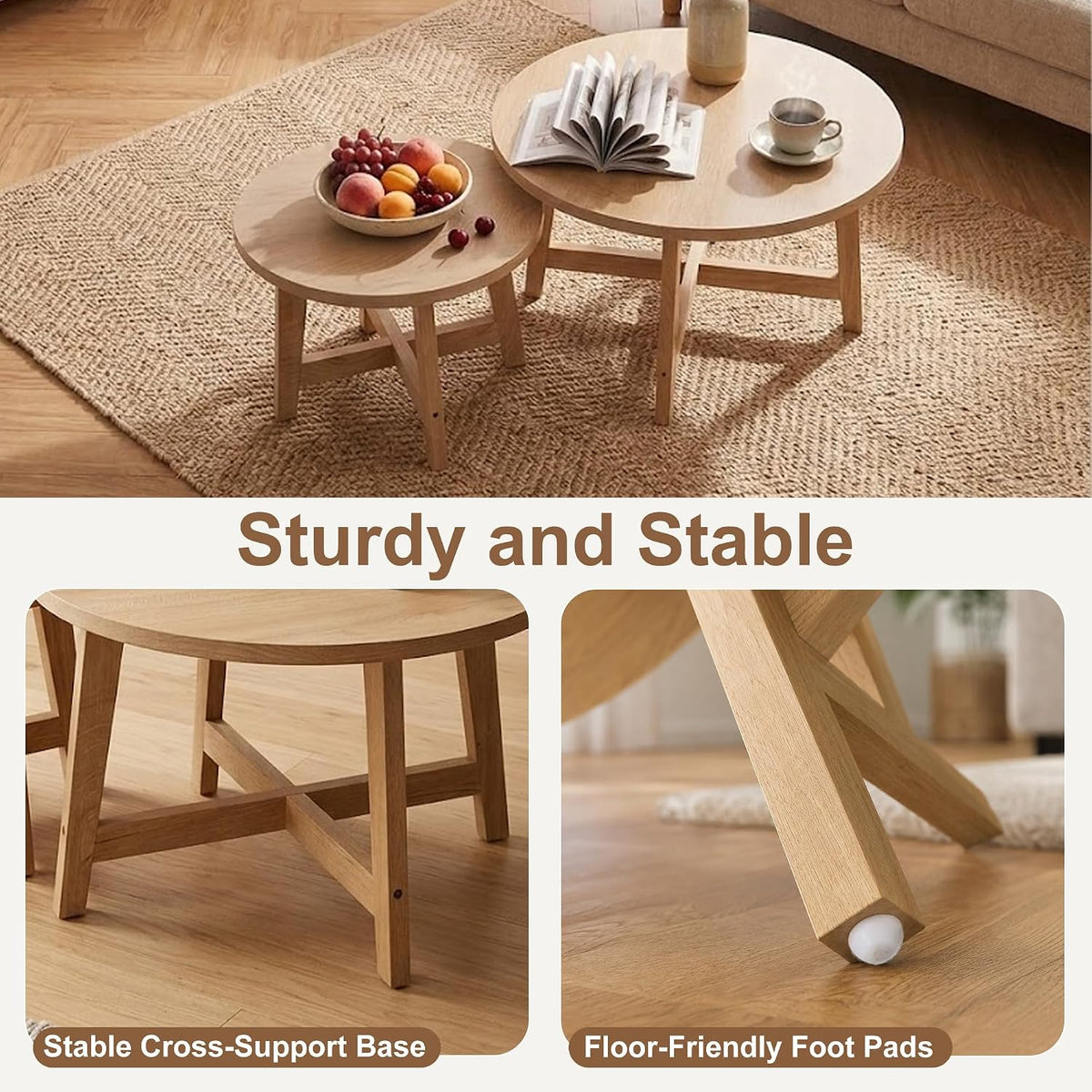 Set of 2 Round Nesting Coffee Tables, Natural Wood Finish Modern Side Tables, X-Shaped Frame Stackable End Tables for Living Room, Bedroom, Balcony 27.56&19.69
