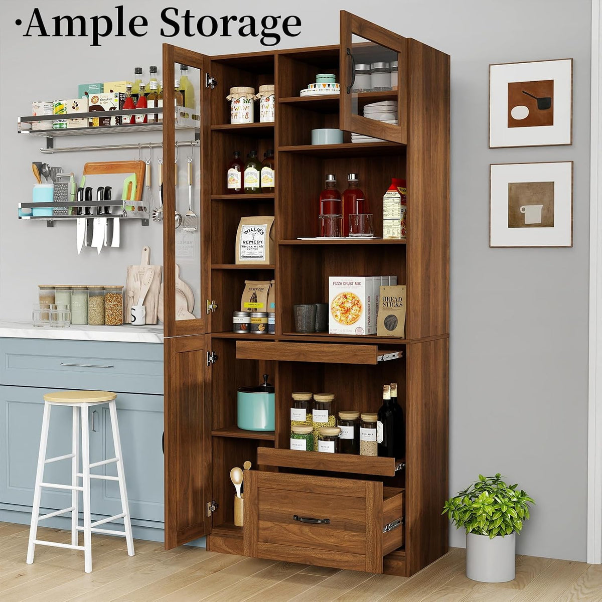 JOYSOURCE Tall Kitchen Hutch Cabinet with Pull-Out Shelves, Storage Drawer, Glass Doors Freestanding Pantry Large Kitchen Cupboard for Dining Room with Microwave Countertop Walnut Finish