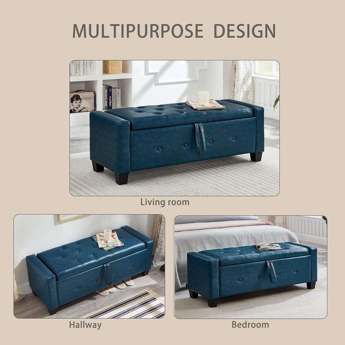 Betoko PU Leather Ottoman Bench with Storage,48" Mid Century Modern Storage Bed Bench for Bedroom,Button Tufted Ottoman Benches with Seating for Living Room,Entryway,Window (PU Blue)