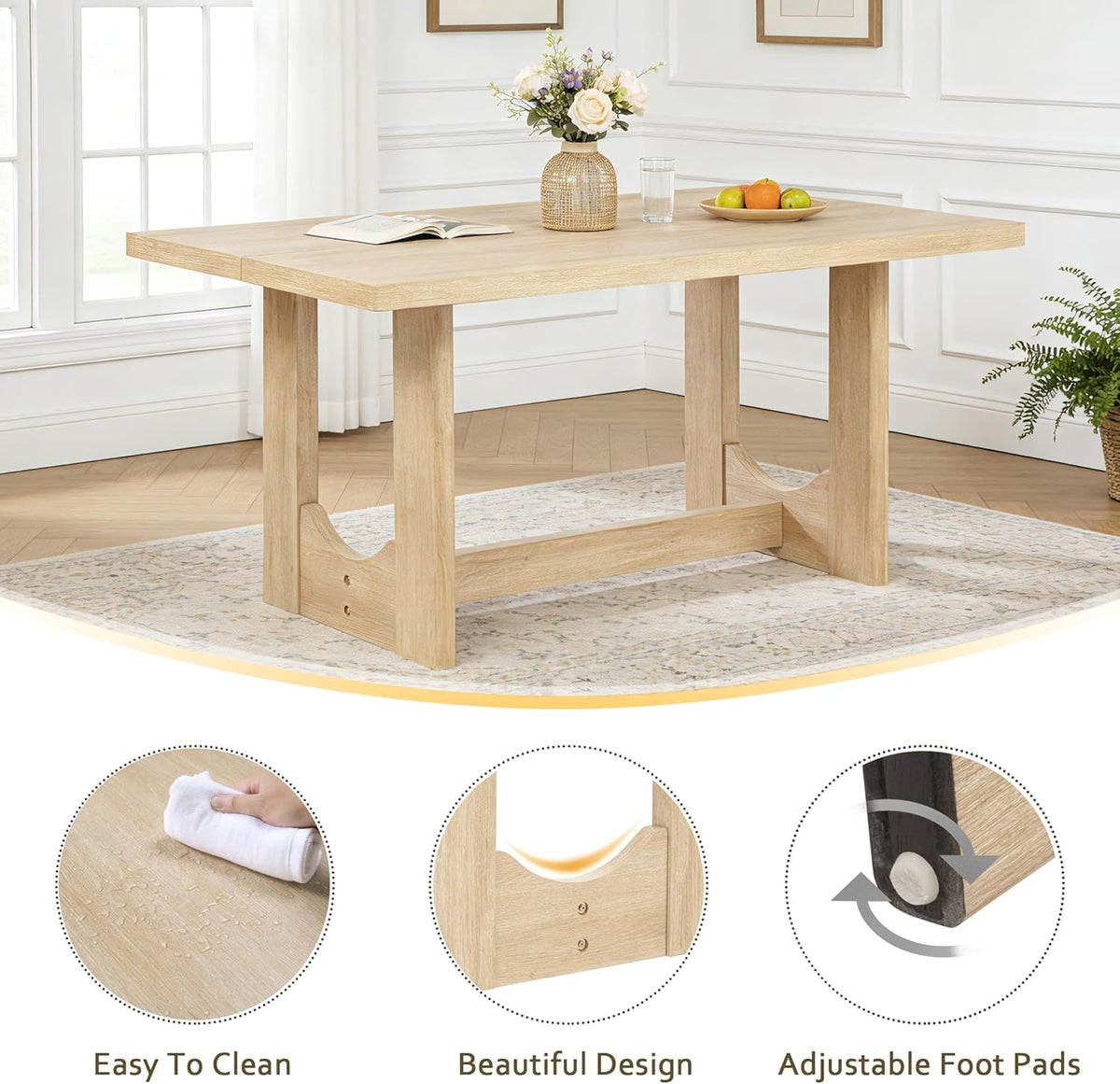 Harper & Bright Designs Modern 6-Piece Dining Table Set with Bench & 4 Upholstered Chairs, Light Oak Rectangular Kitchen Table for 6, U-Shaped Base, Farmhouse Rustic for Dining Room Living Room