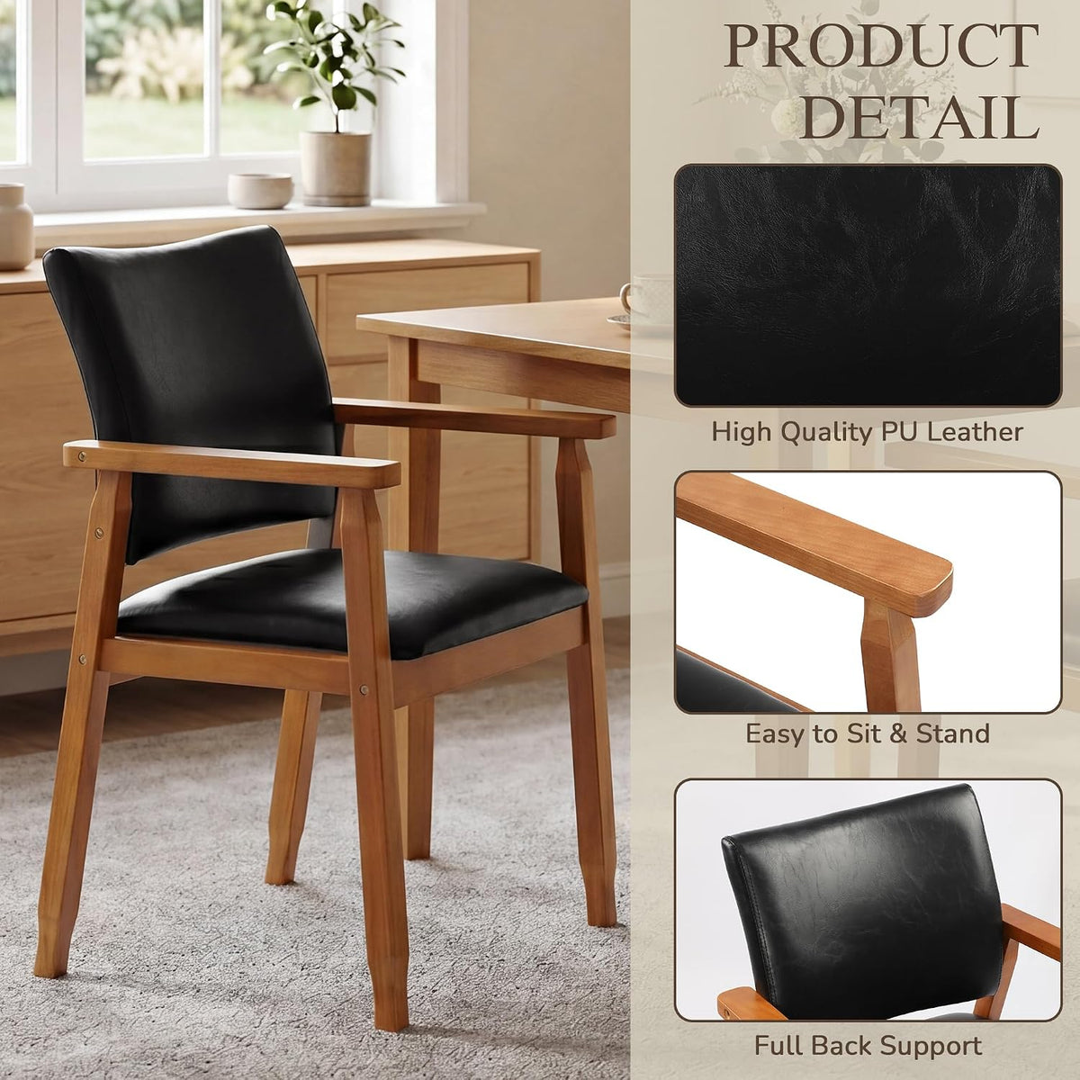 GOTMINSI Mid-Century Modern PU Leather Dining Chair with Arms, Solid Wood Frame, 320 lbs Weight Capacity, Upholstered Accent Chair for Kitchen Dining Room Living Room (Black,1pcs)