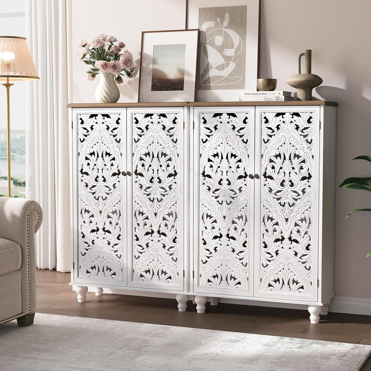 JOINICE 47" Tall Accent Cabinet with Carved Doors & Storage for Living Room | Vertical Storage, Carved Floral Design, Mandala White Buffet, Boho/Farmhouse/Rustic Style, Adjustable Shelves, Easy Assembly