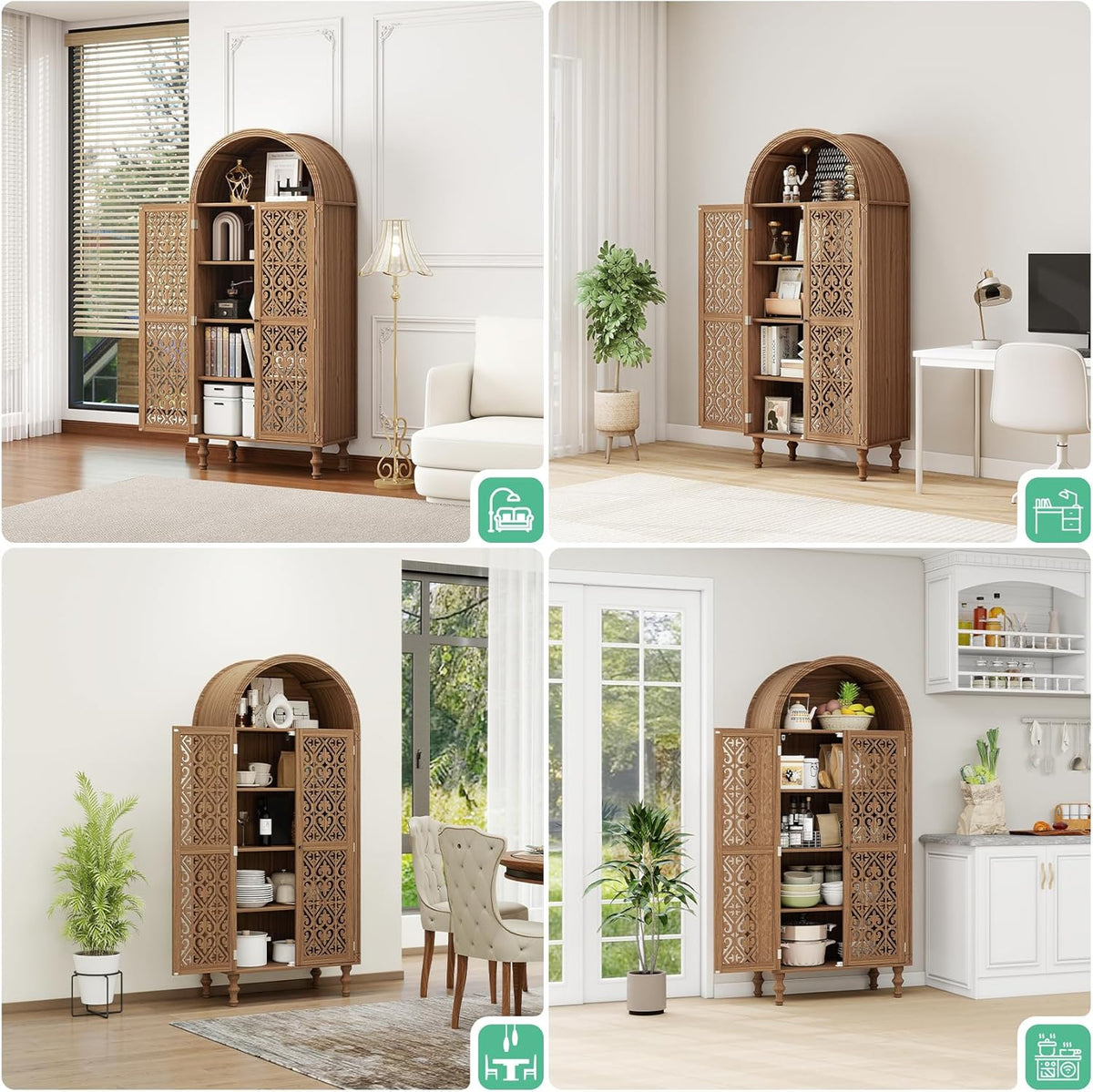 70" Tall Arched Storage Cabinet with 2 Hollow Carved Doors, Boho Kitchen Pantry with 5-Tier Storage Space, Modern Farmhouse Cupboard Bookcase for Living Room, Kitchen, Study, Walnut, 1 PCS