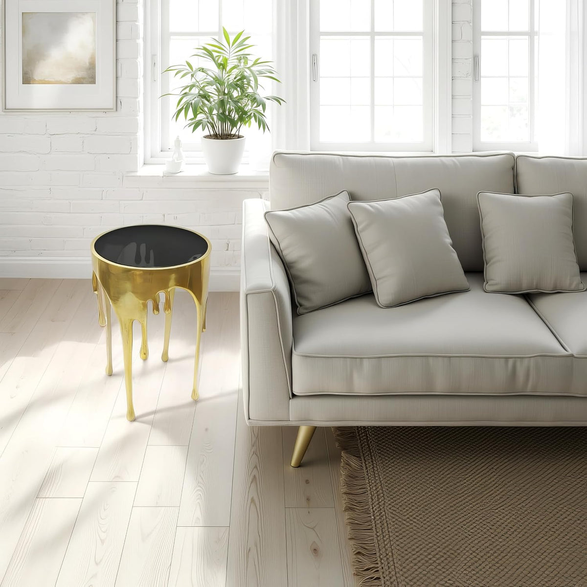 TUP THE URBAN PORT Capri Side End Table, 24.75 Inch Round Glass Top, Antique Gold Finish, Melting Drip Design Base, Modern Glam Accent Table for Living Room, Bedroom and Home Decor Display